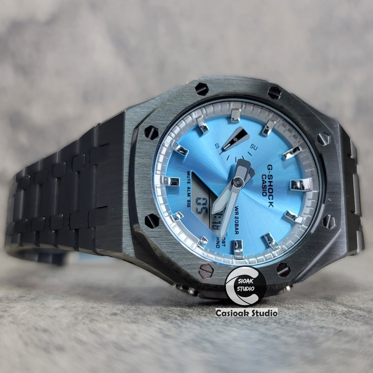 Casioak Mod Watch Gray Case Metal Strap Silver Time Mark Ice Blue Dial 44mm- Casioak Mod Casio G-Shock Royal Oak Custom Mens Luxury Watches Ga2100