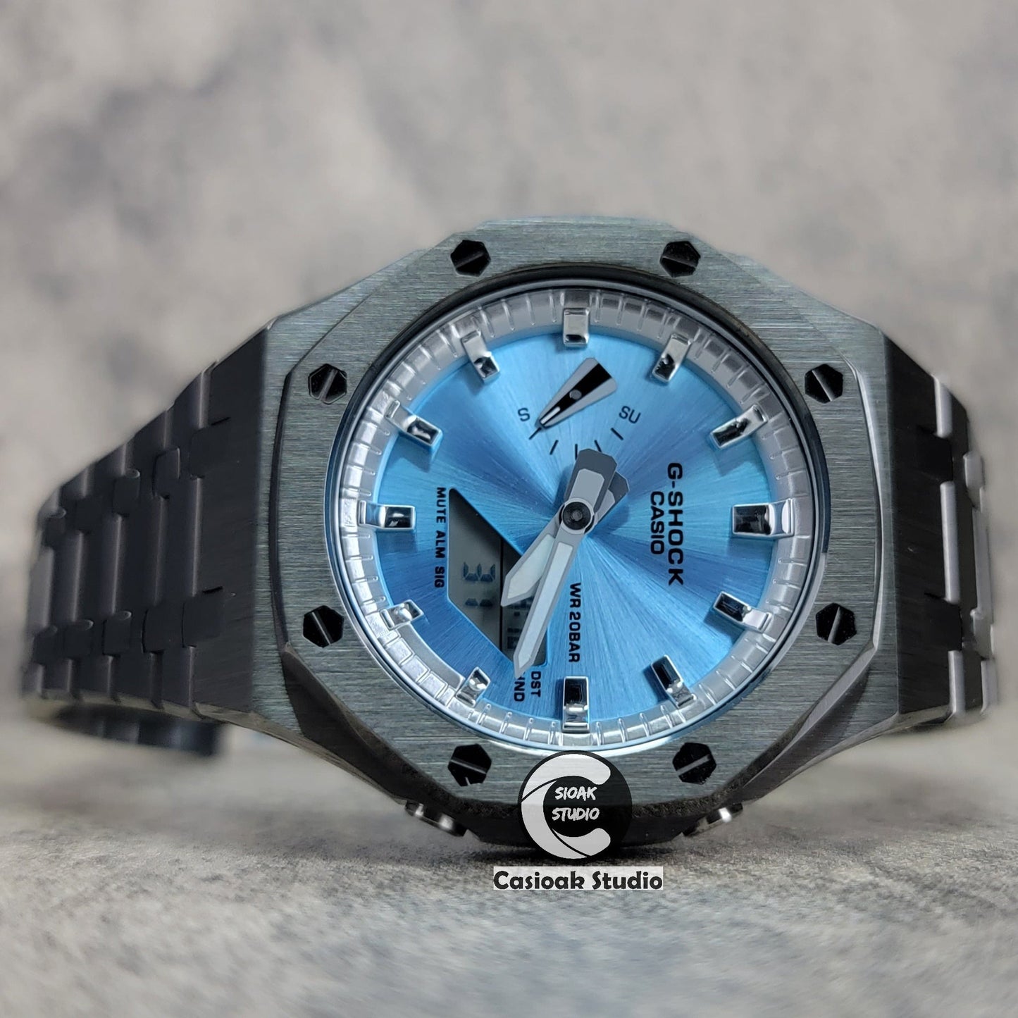 Casioak Mod Watch Gray Case Metal Strap Silver Time Mark Ice Blue Dial 44mm- Casioak Mod Casio G-Shock Royal Oak Custom Mens Luxury Watches Ga2100