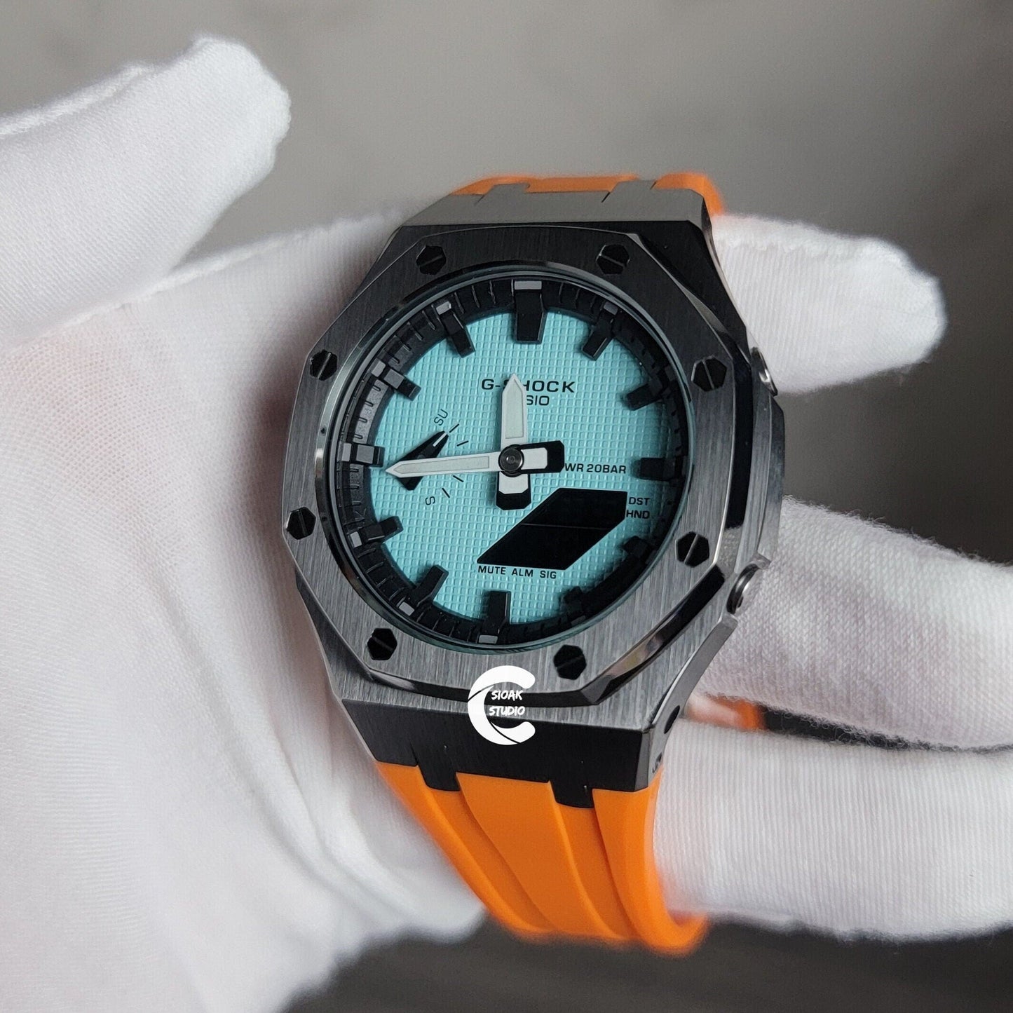 Casioak Mod Watch Gray Case Orange Rubber Strap Black Time Mark Tiff Blue Dial 44mm 9999- Casioak Mod Casio G-Shock Royal Oak Custom Mens Luxury Watches Ga2100