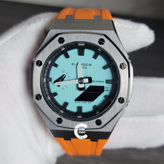 Casioak Mod Watch Gray Case Orange Rubber Strap Black Time Mark Tiff Blue Dial 44mm 9999- Casioak Mod Casio G-Shock Royal Oak Custom Mens Luxury Watches Ga2100