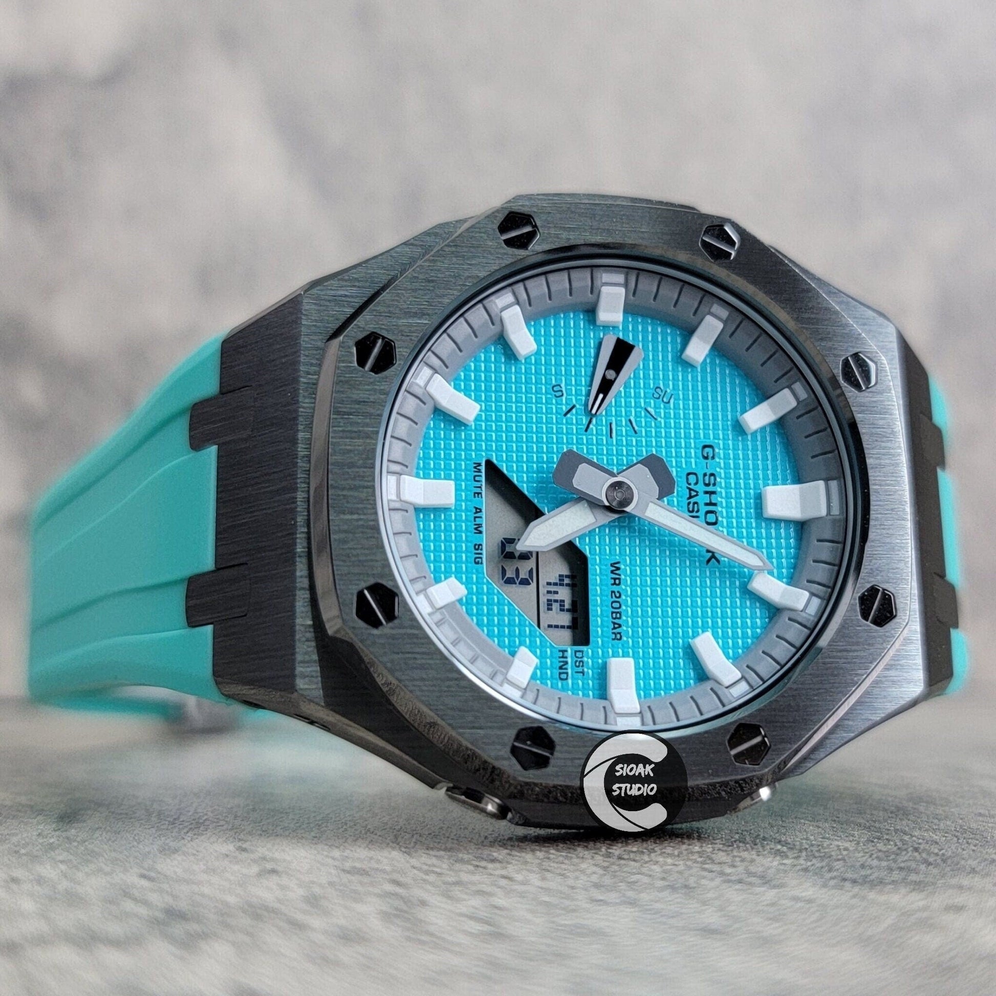 Casioak Mod Watch Gray Case Tiff Blue Rubber Strap Light Gray White Time Mark Tiff Blue Dial 44mm- Casioak Mod Casio G-Shock Royal Oak Custom Mens Luxury Watches Ga2100