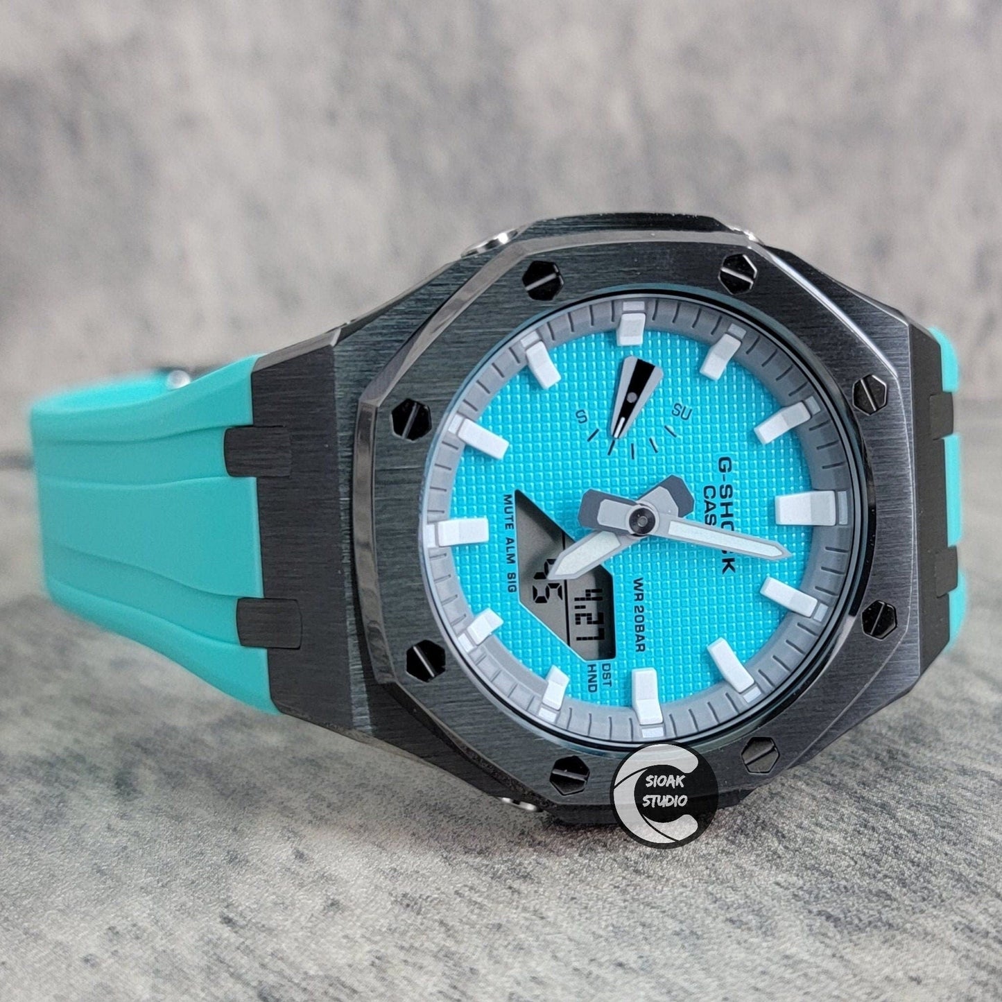 Casioak Mod Watch Gray Case Tiff Blue Rubber Strap Light Gray White Time Mark Tiff Blue Dial 44mm- Casioak Mod Casio G-Shock Royal Oak Custom Mens Luxury Watches Ga2100