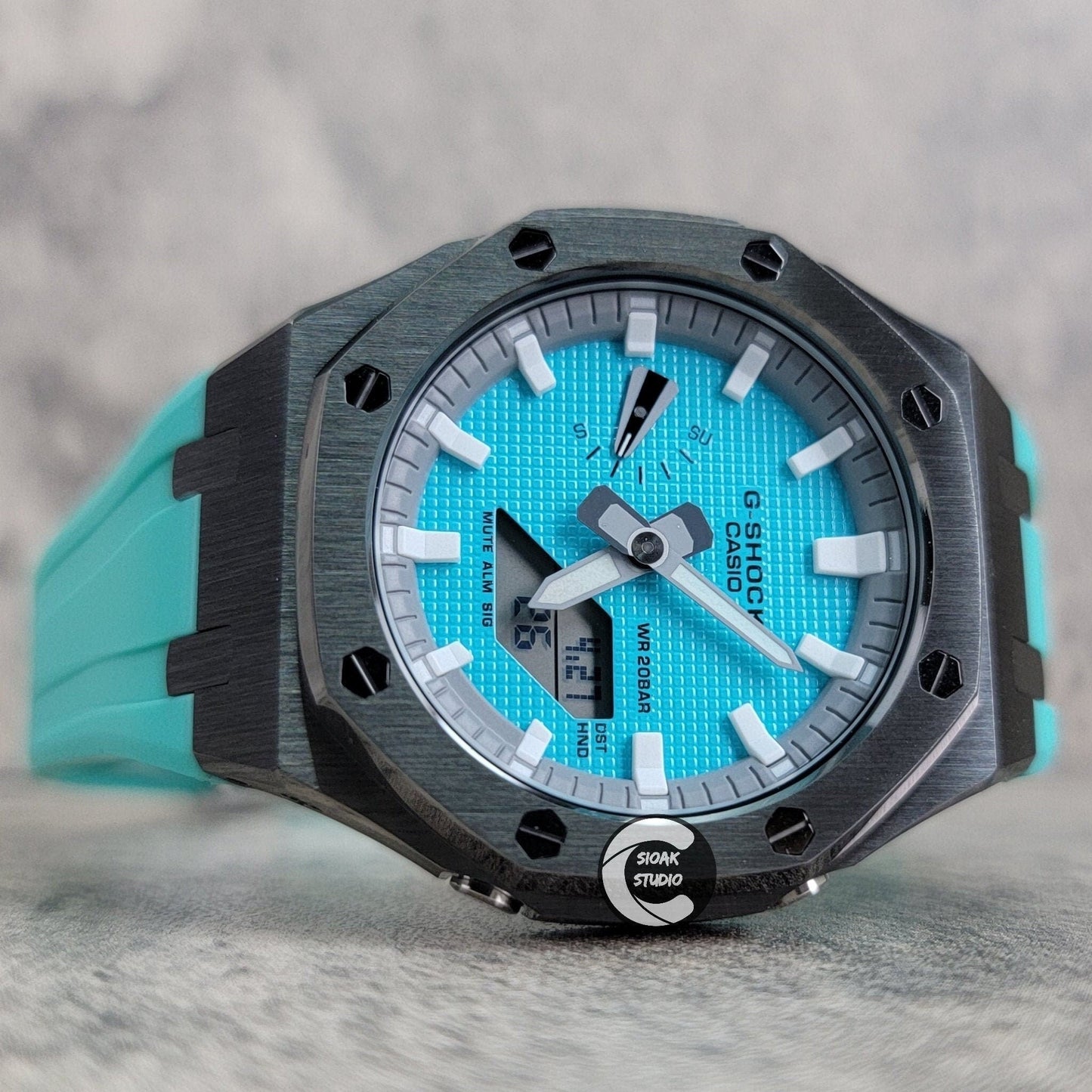 Casioak Mod Watch Gray Case Tiff Blue Rubber Strap Light Gray White Time Mark Tiff Blue Dial 44mm- Casioak Mod Casio G-Shock Royal Oak Custom Mens Luxury Watches Ga2100