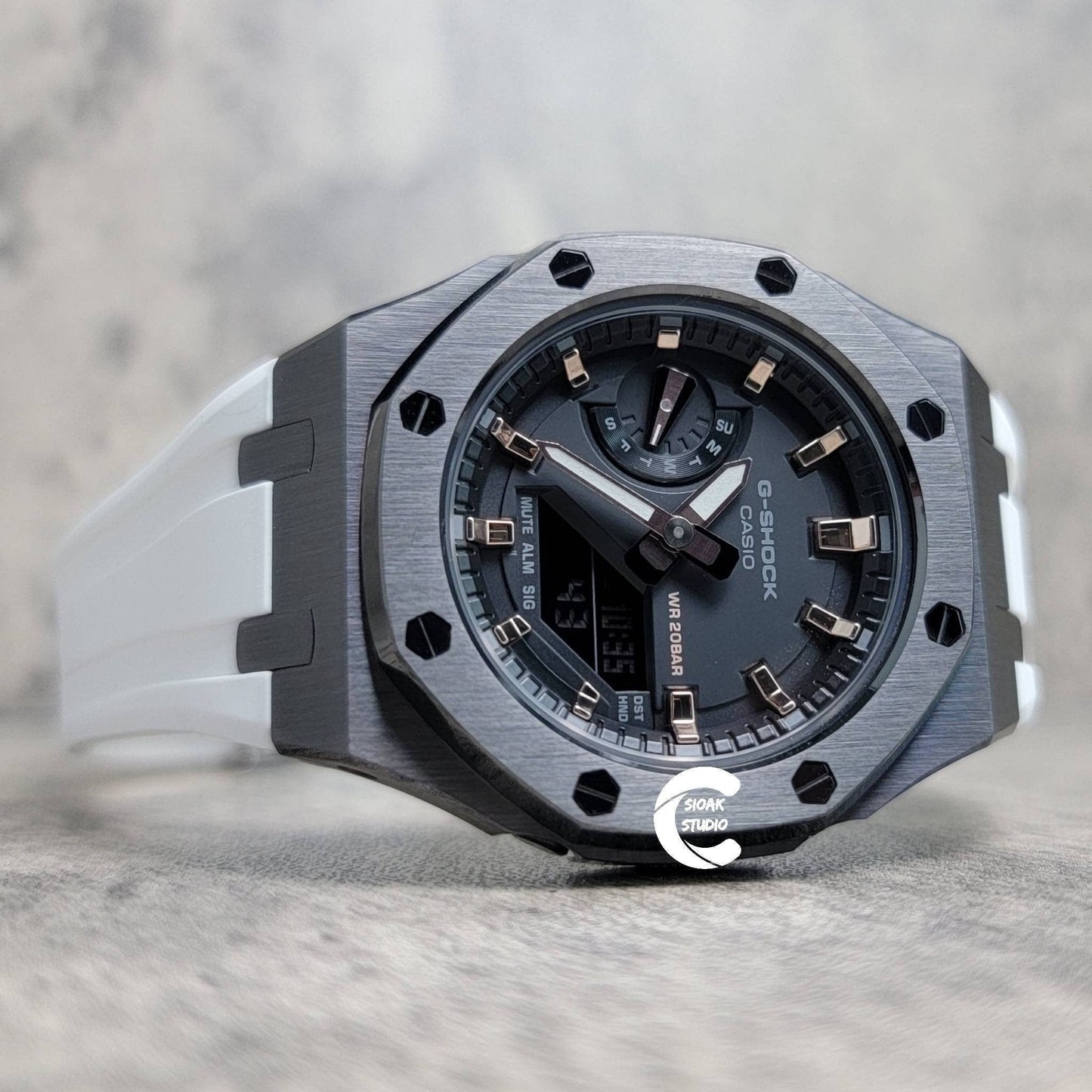 Casioak Mod Watch Gray Case White Rubber Strap Black Rose Gold Time Mark Black Dial 42mm- Casioak Mod Casio G-Shock Royal Oak Custom Mens Luxury Watches Ga2100