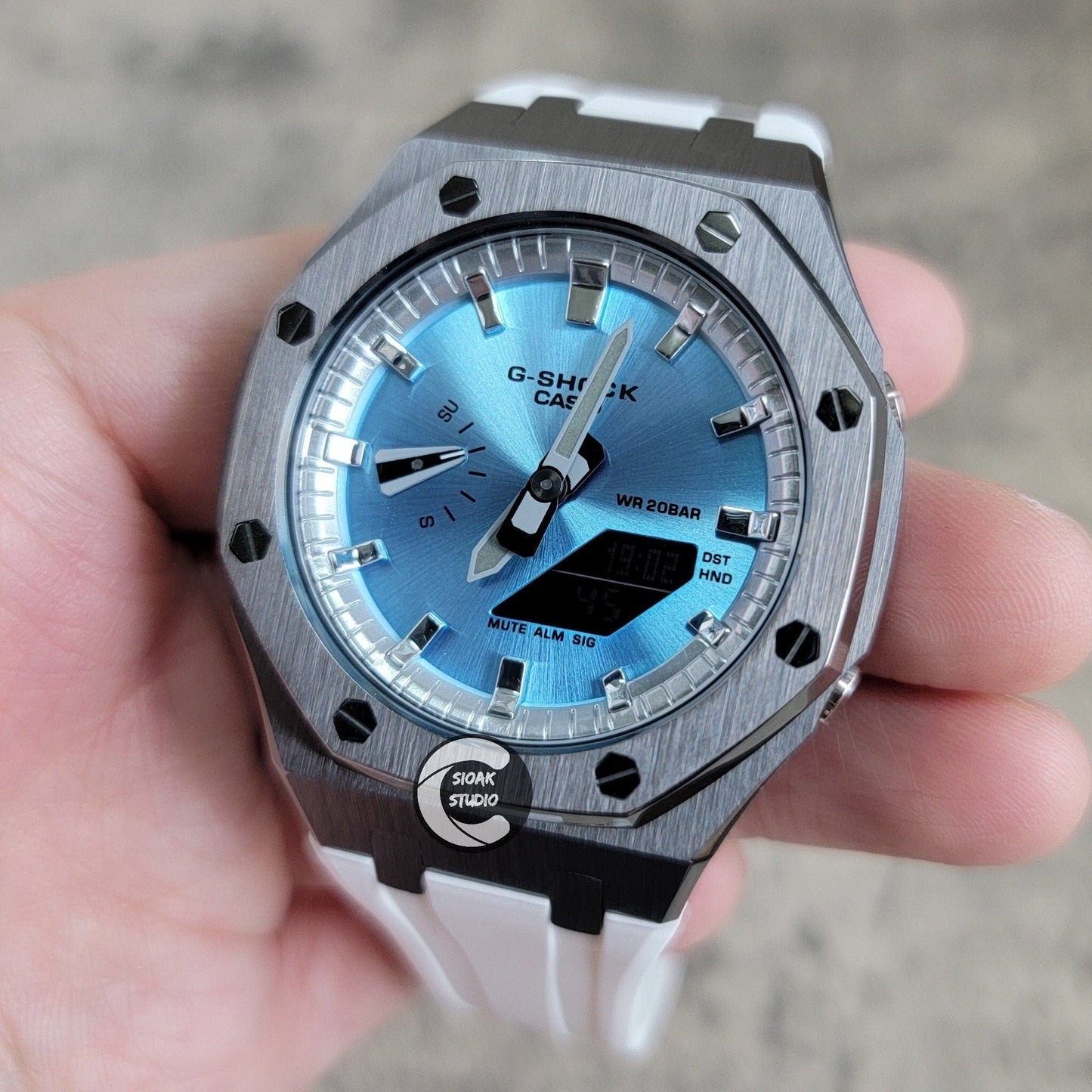 Casioak Mod Watch Gray Case White Rubber Strap Silver Time Mark Ice Blue Dial 44mm- Casioak Mod Casio G-Shock Royal Oak Custom Mens Luxury Watches Ga2100