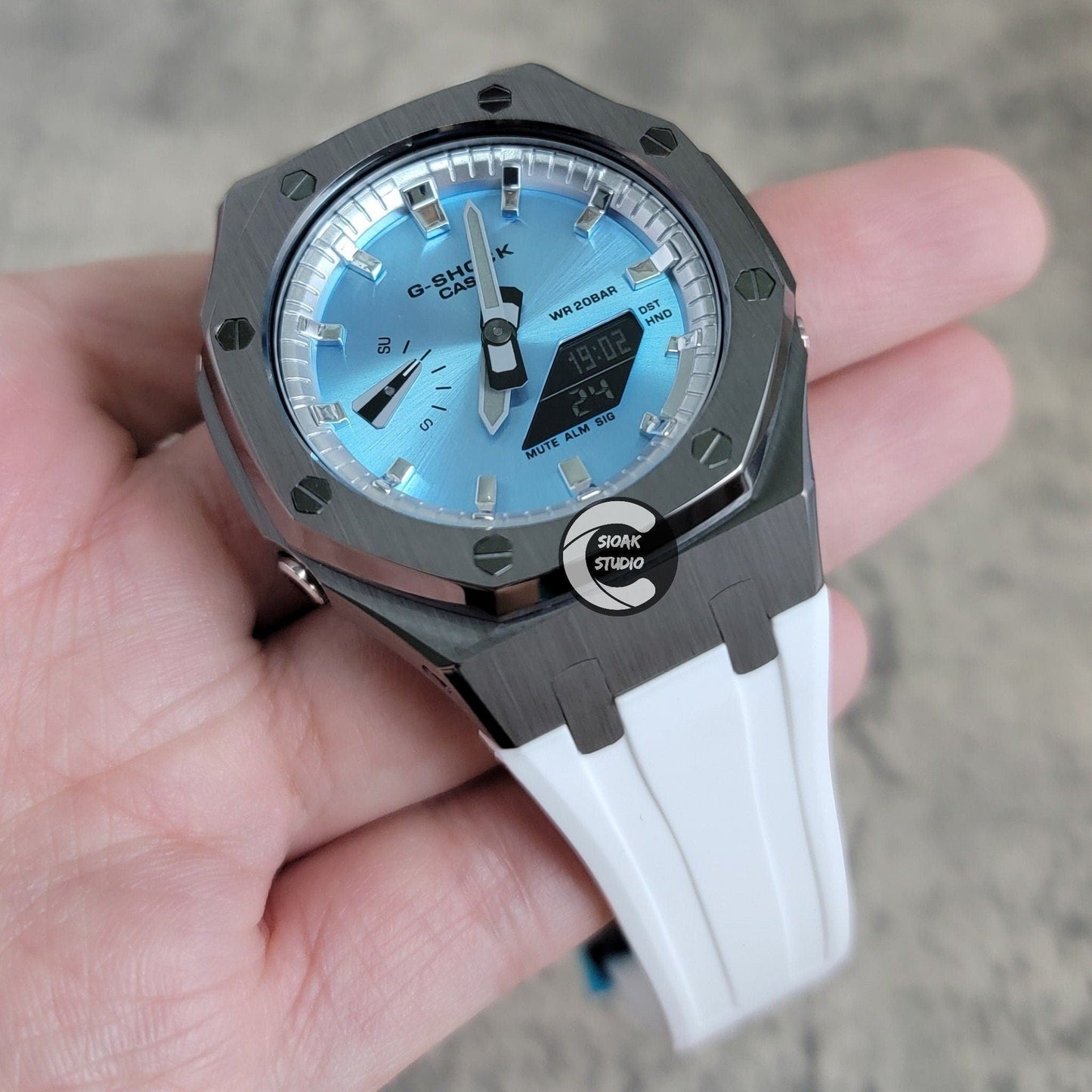 Casioak Mod Watch Gray Case White Rubber Strap Silver Time Mark Ice Blue Dial 44mm- Casioak Mod Casio G-Shock Royal Oak Custom Mens Luxury Watches Ga2100