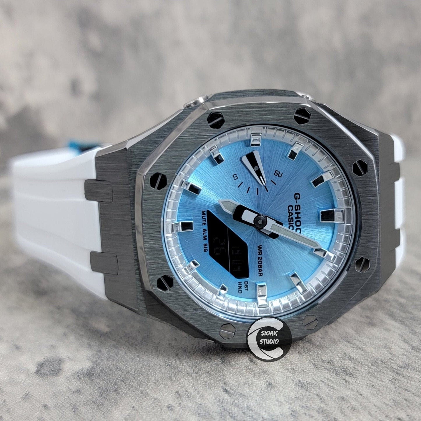 Casioak Mod Watch Gray Case White Rubber Strap Silver Time Mark Ice Blue Dial 44mm- Casioak Mod Casio G-Shock Royal Oak Custom Mens Luxury Watches Ga2100