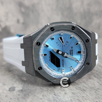 Casioak Mod Watch Gray Case White Rubber Strap Silver Time Mark Ice Blue Dial 44mm- Casioak Mod Casio G-Shock Royal Oak Custom Mens Luxury Watches Ga2100