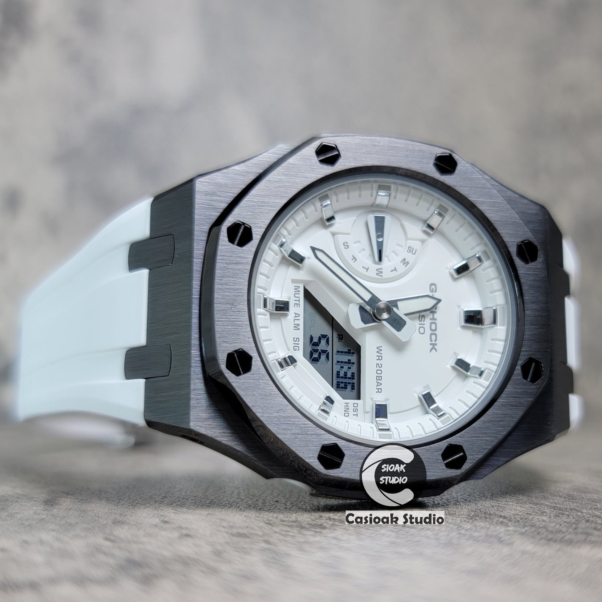 Casioak Mod Watch Gray Case White Rubber Strap White Time Mark White Dial 42mm- Casioak Mod Casio G-Shock Royal Oak Custom Mens Luxury Watches Ga2100