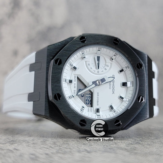 Casioak Mod Watch Gray Case White Rubber Strap White Time Mark White Dial 42mm- Casioak Mod Casio G-Shock Royal Oak Custom Mens Luxury Watches Ga2100