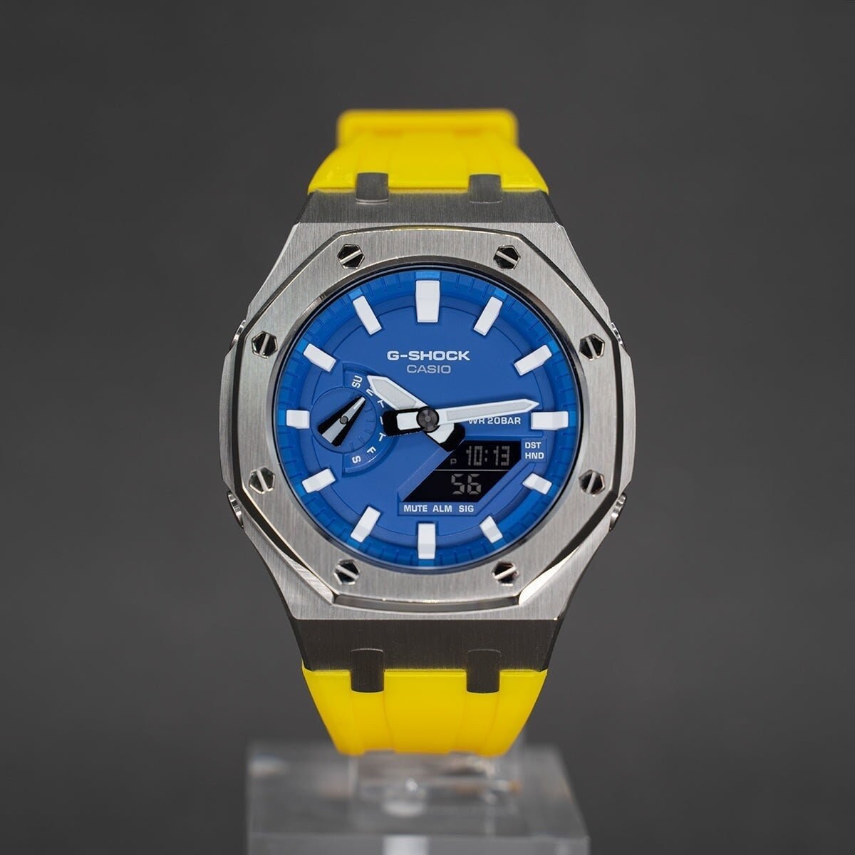 Casioak Mod Watch Gray Case Yellow Rubber Strap Blue Time Mark Blue Dial 44mm- Casioak Mod Casio G-Shock Royal Oak Custom Mens Luxury Watches Ga2100