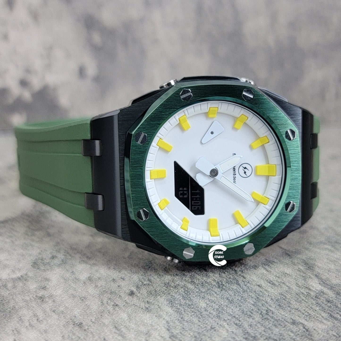 Casioak Mod Watch Green Black Offshore Superior Case Green Rubber Strap White Time Mark Dial 44mm- Casioak Mod Casio G-Shock Royal Oak Custom Mens Luxury Watches Ga2100