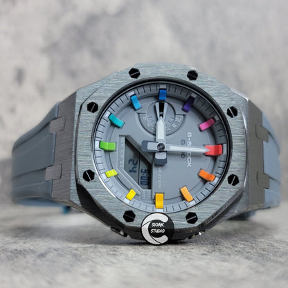 Casioak Mod Watch Grey Case Gray Rubber Strap Gray Rainbow Time Mark Gray Dial 44mm- Casioak Mod Casio G-Shock Royal Oak Custom Mens Luxury Watches Ga2100