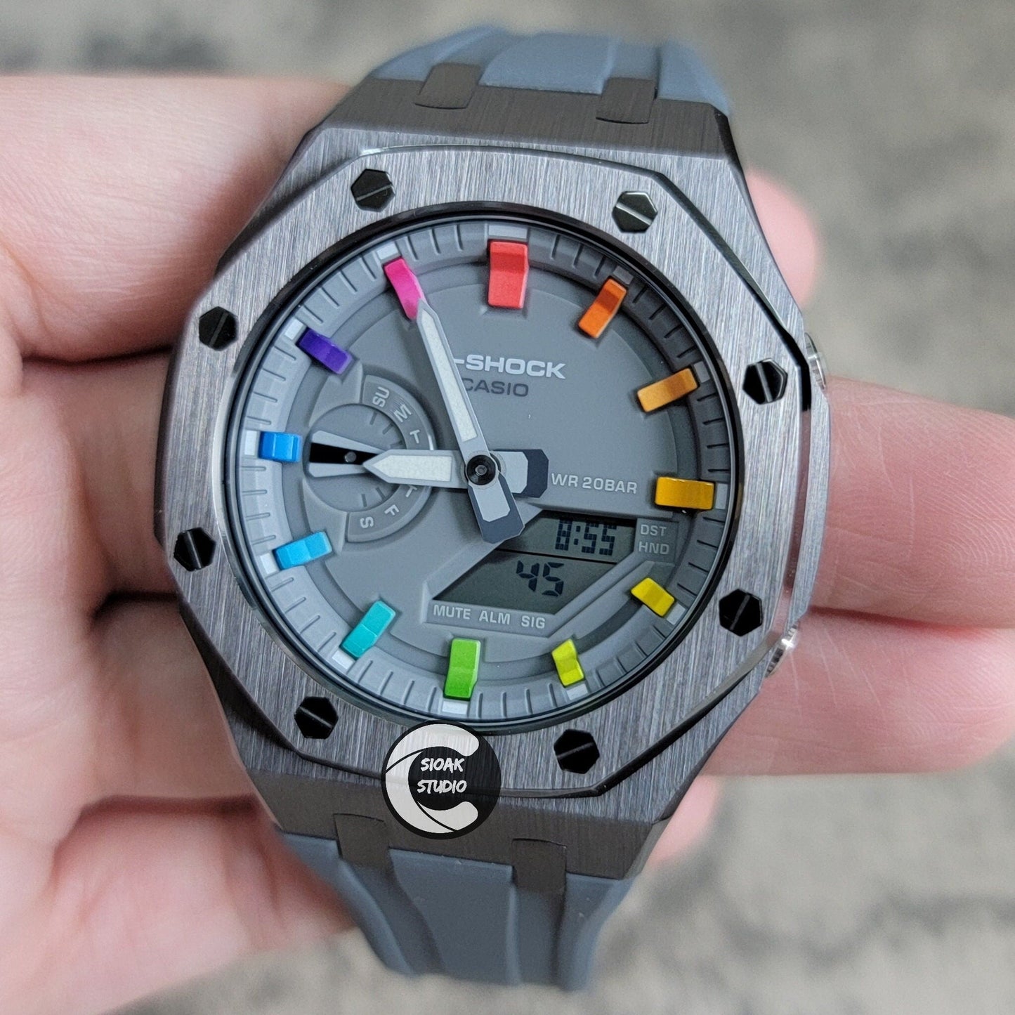 Casioak Mod Watch Grey Case Gray Rubber Strap Gray Rainbow Time Mark Gray Dial 44mm- Casioak Mod Casio G-Shock Royal Oak Custom Mens Luxury Watches Ga2100