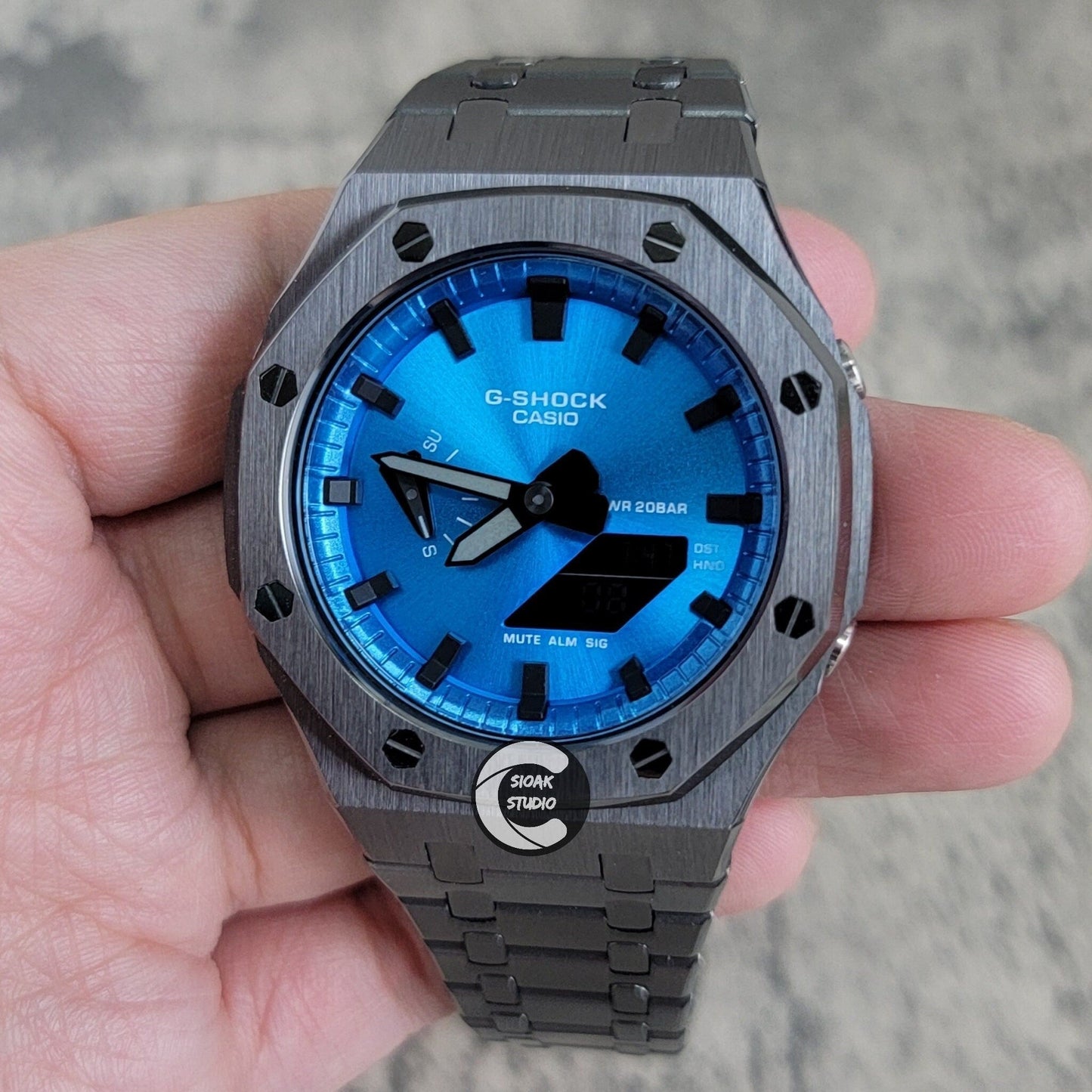 Casioak Mod Watch Grey Case Metal Strap Blue Black Time Mark Metallic Blue Dial 44mm- Casioak Mod Casio G-Shock Royal Oak Custom Mens Luxury Watches Ga2100