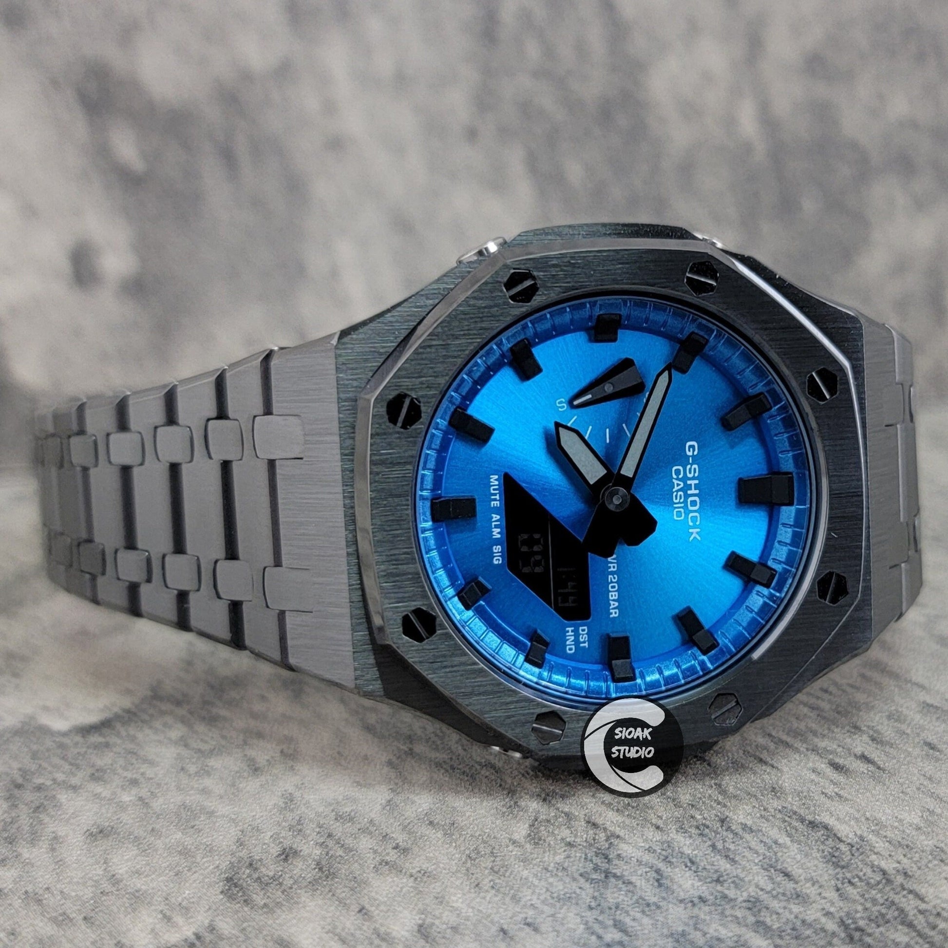 Casioak Mod Watch Grey Case Metal Strap Blue Black Time Mark Metallic Blue Dial 44mm- Casioak Mod Casio G-Shock Royal Oak Custom Mens Luxury Watches Ga2100