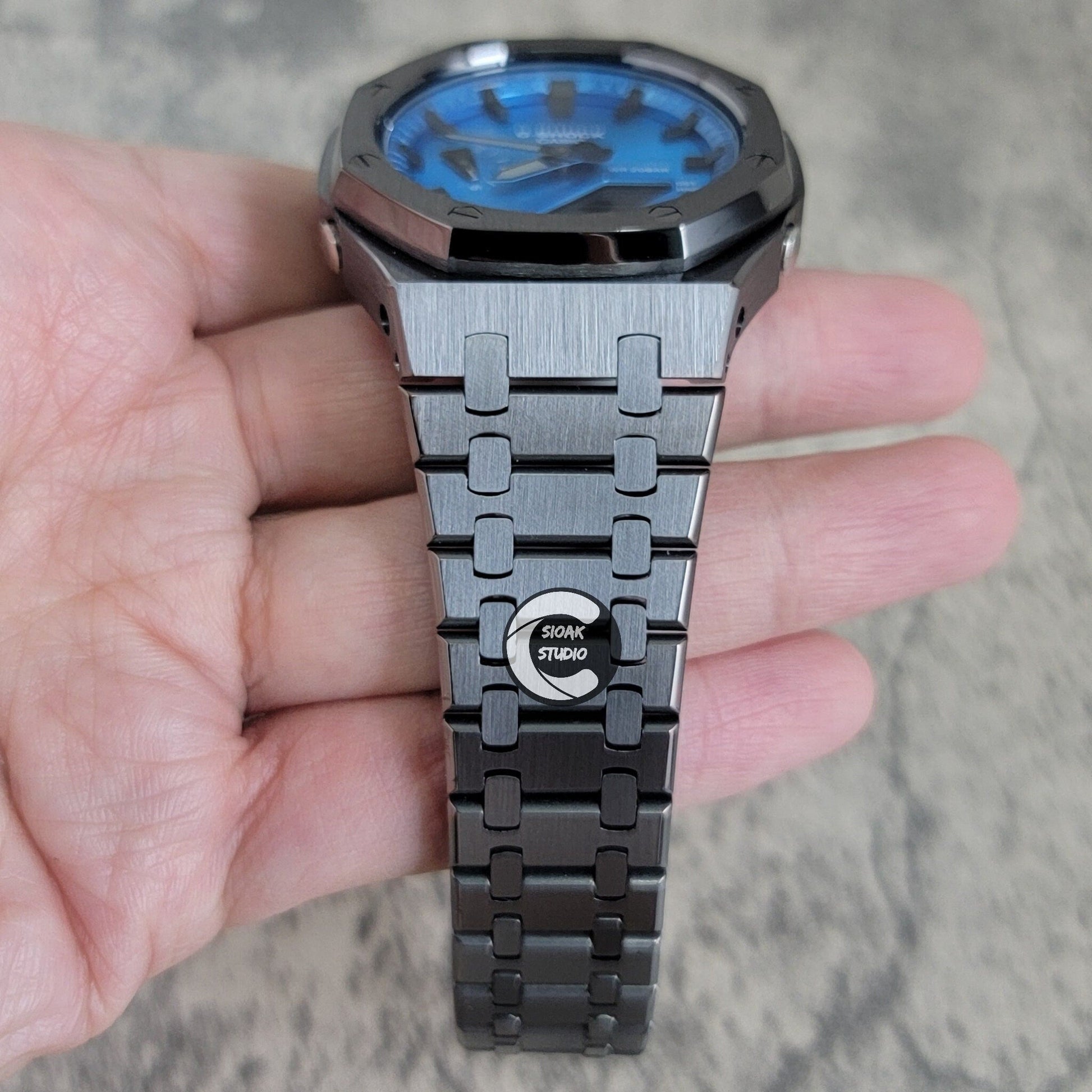 Casioak Mod Watch Grey Case Metal Strap Blue Black Time Mark Metallic Blue Dial 44mm- Casioak Mod Casio G-Shock Royal Oak Custom Mens Luxury Watches Ga2100