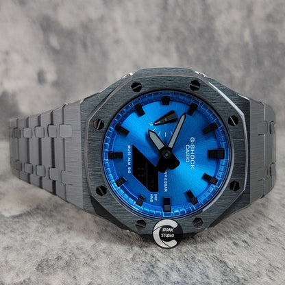 Casioak Mod Watch Grey Case Metal Strap Blue Black Time Mark Metallic Blue Dial 44mm- Casioak Mod Casio G-Shock Royal Oak Custom Mens Luxury Watches Ga2100