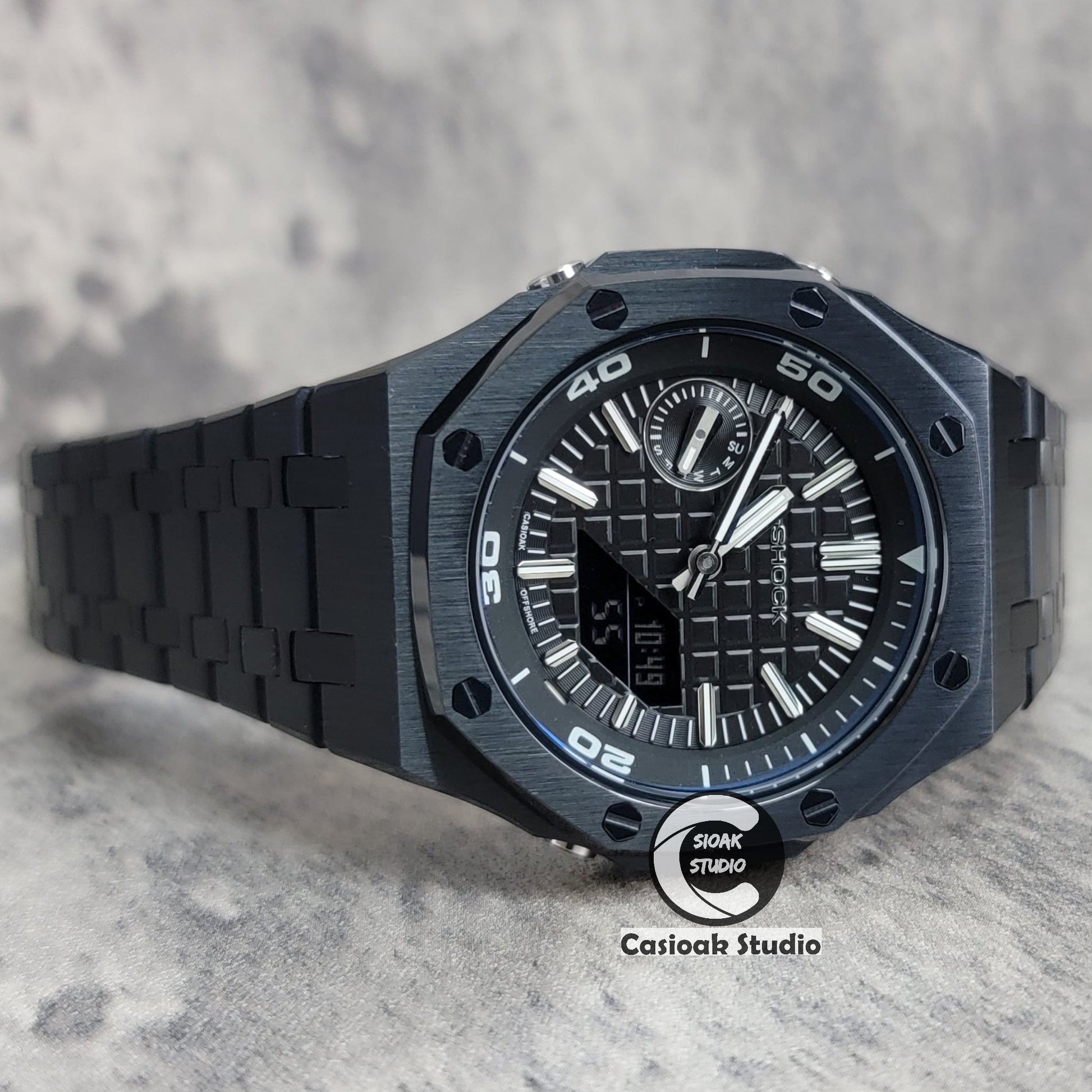 Casioak Mod Watch NEW Black Case Metal Strap Black Silver Time Mark Black Dial 44mm Sapphire Glass- Casioak Mod Casio G-Shock Royal Oak Custom Mens Luxury Watches Ga2100