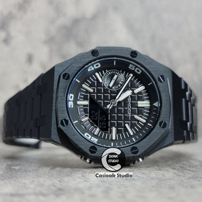 Casioak Mod Watch NEW Black Case Metal Strap Black Silver Time Mark Black Dial 44mm Sapphire Glass- Casioak Mod Casio G-Shock Royal Oak Custom Mens Luxury Watches Ga2100