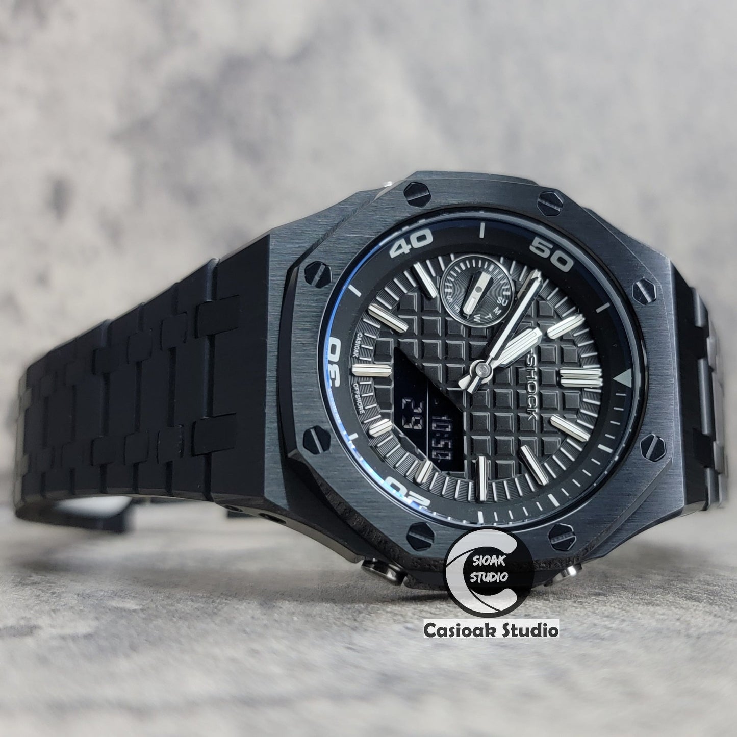 Casioak Mod Watch NEW Black Case Metal Strap Black Silver Time Mark Black Dial 44mm Sapphire Glass- Casioak Mod Casio G-Shock Royal Oak Custom Mens Luxury Watches Ga2100