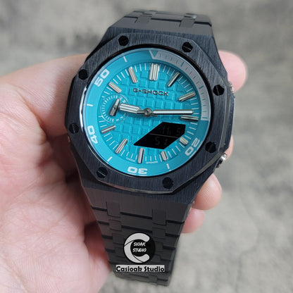 Casioak Mod Watch NEW Black Case Metal Strap Tiff Silver Time Mark Tiff Blue Dial 44mm Sapphire Glass- Casioak Mod Casio G-Shock Royal Oak Custom Mens Luxury Watches Ga2100