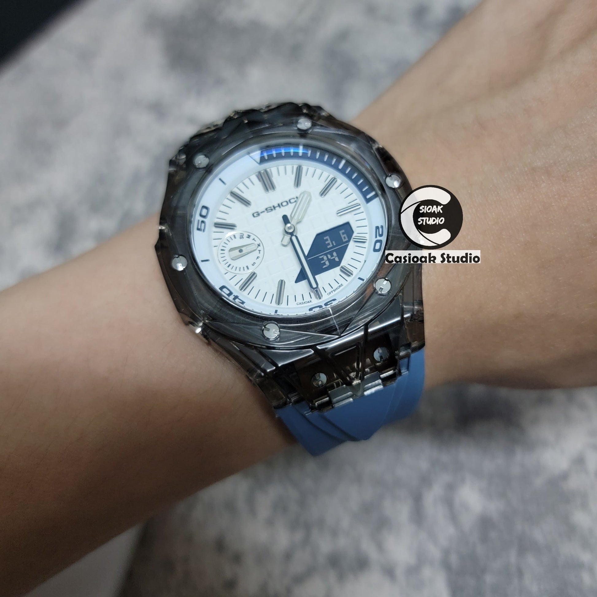 Casioak Mod Watch NEW Black Transparent Case Gray Blue Strap Silver Time Mark White Dial 44mm- Casioak Mod Casio G-Shock Royal Oak Custom Mens Luxury Watches Ga2100