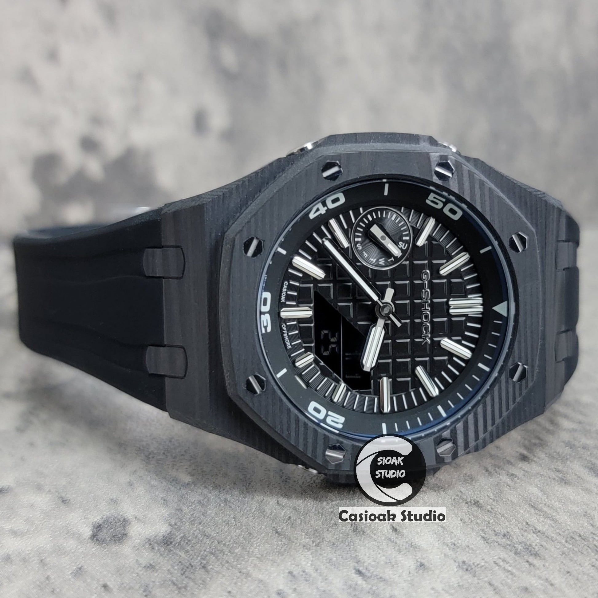 Casioak Mod Watch NEW Carbon Fiber Black Case Black Strap Black Silve Time Mark Black Dial 44mm- Casioak Mod Casio G-Shock Royal Oak Custom Mens Luxury Watches Ga2100