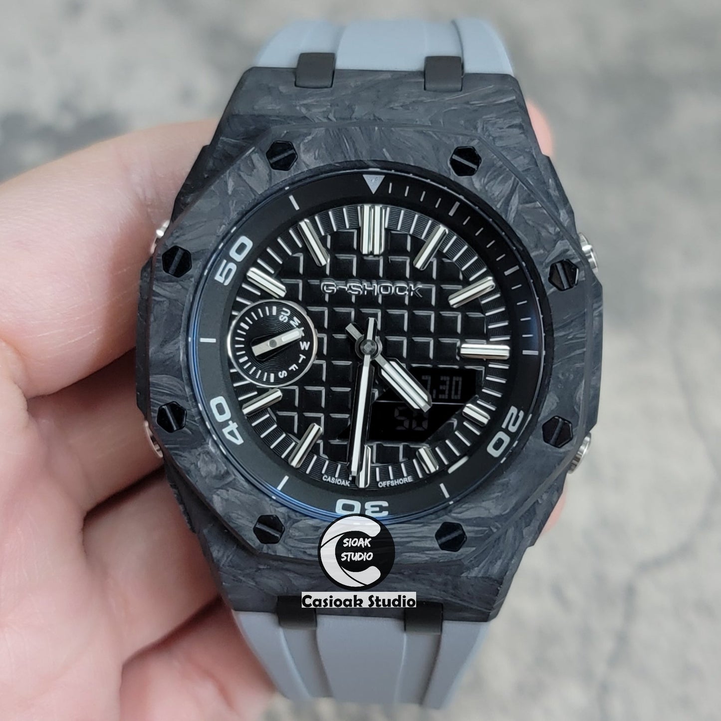 Casioak Mod Watch NEW Carbon Fiber Offshore Superior Black Case Gray Strap Black Silver Time Mark Black Dial 44mm Sapphire Glass- Casioak Mod Casio G-Shock Royal Oak Custom Mens Luxury Watches Ga2100