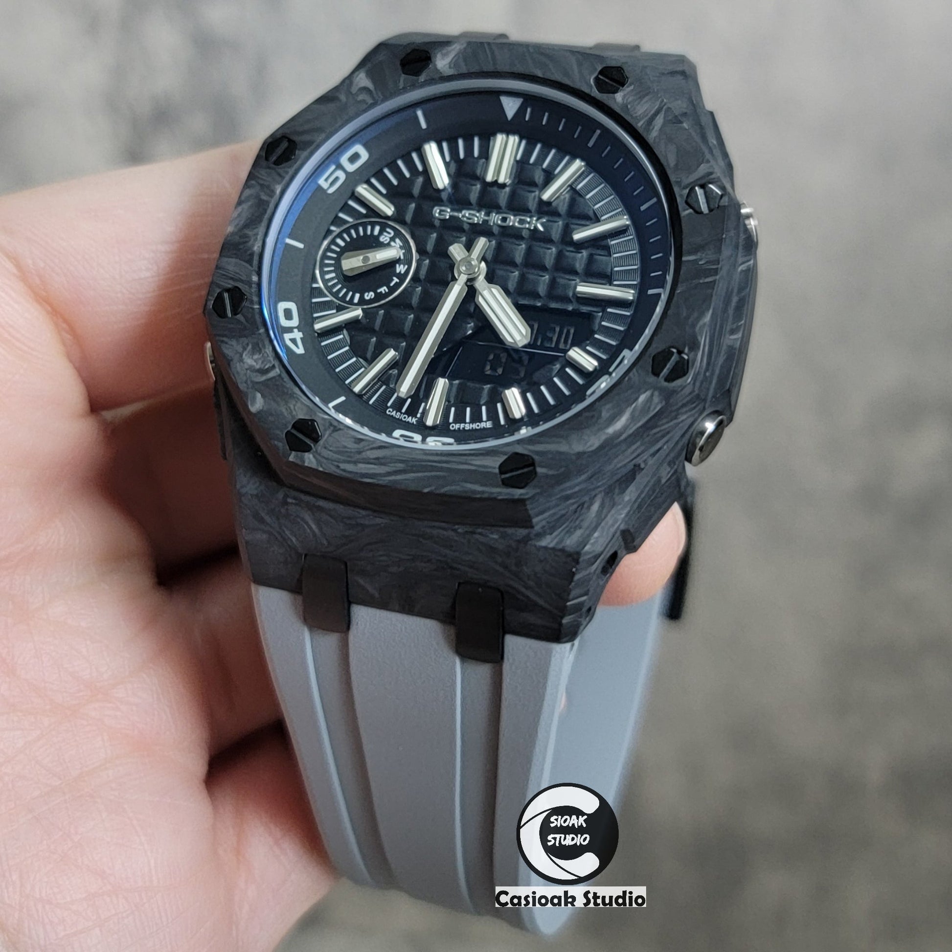 Casioak Mod Watch NEW Carbon Fiber Offshore Superior Black Case Gray Strap Black Silver Time Mark Black Dial 44mm Sapphire Glass- Casioak Mod Casio G-Shock Royal Oak Custom Mens Luxury Watches Ga2100