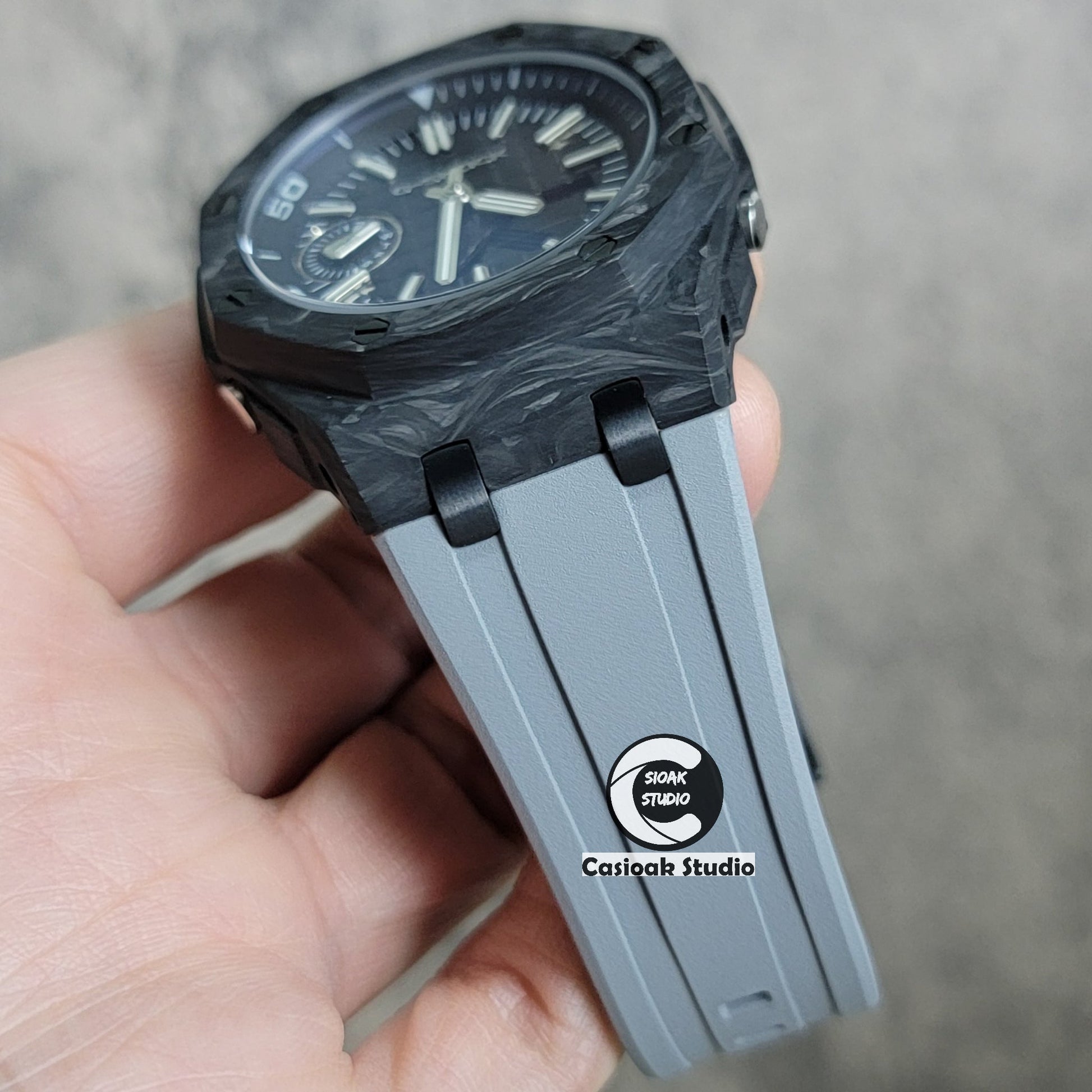 Casioak Mod Watch NEW Carbon Fiber Offshore Superior Black Case Gray Strap Black Silver Time Mark Black Dial 44mm Sapphire Glass- Casioak Mod Casio G-Shock Royal Oak Custom Mens Luxury Watches Ga2100