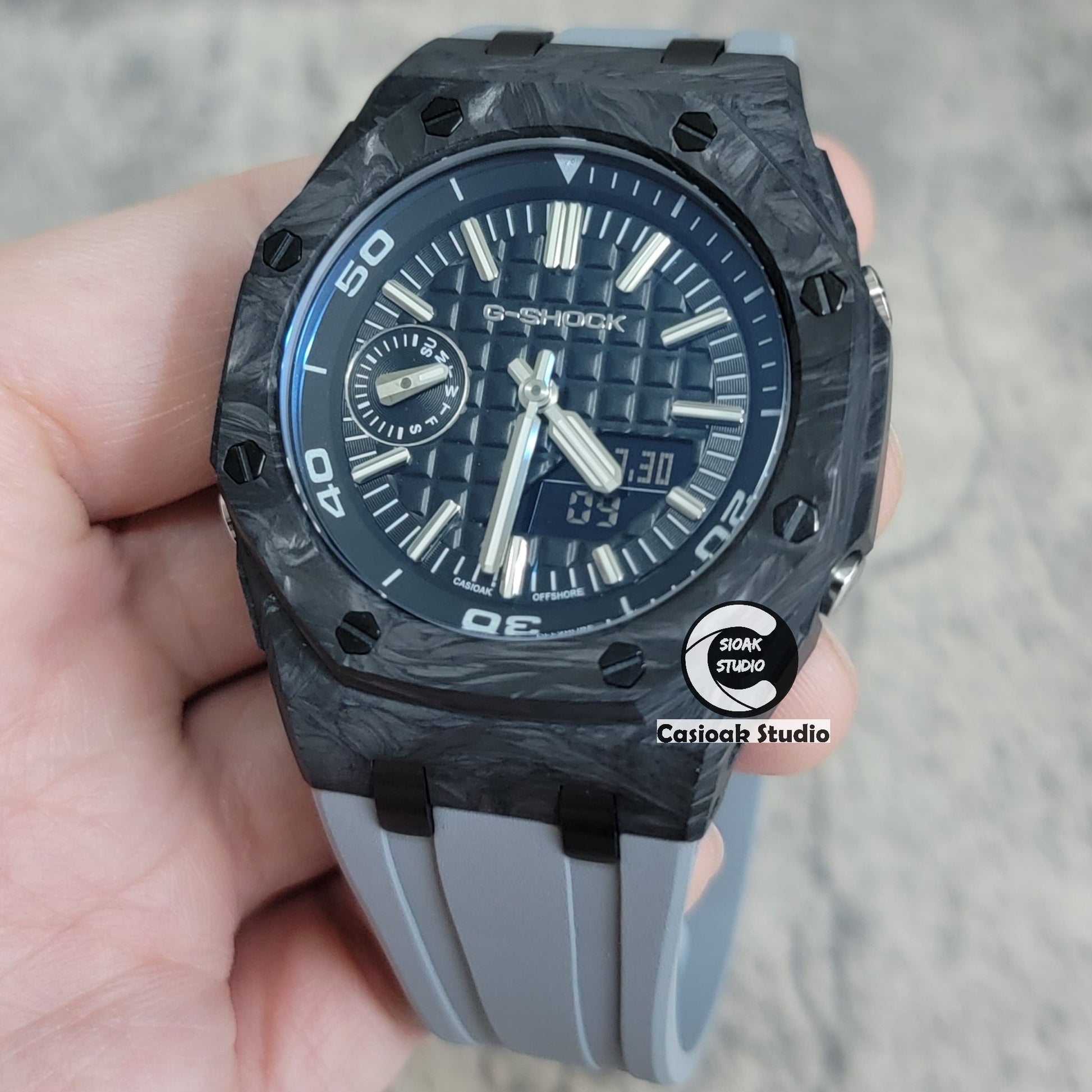 Casioak Mod Watch NEW Carbon Fiber Offshore Superior Black Case Gray Strap Black Silver Time Mark Black Dial 44mm Sapphire Glass- Casioak Mod Casio G-Shock Royal Oak Custom Mens Luxury Watches Ga2100