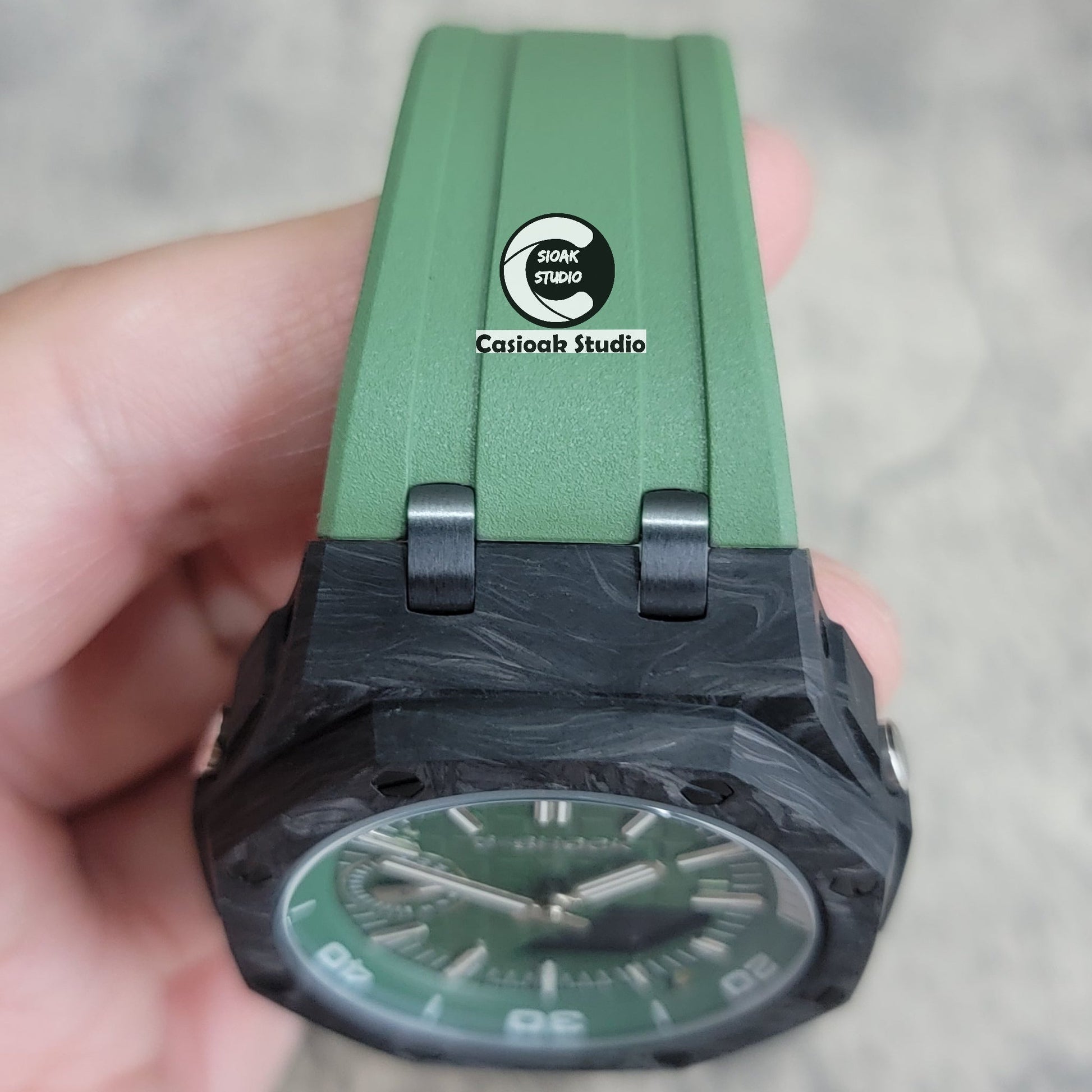 Casioak Mod Watch NEW Carbon Fiber Offshore Superior Black Case Green Strap Green Silver Time Mark Green Dial 44mm- Casioak Mod Casio G-Shock Royal Oak Custom Mens Luxury Watches Ga2100