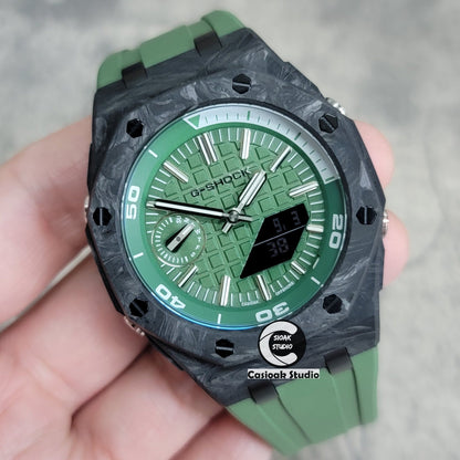 Casioak Mod Watch NEW Carbon Fiber Offshore Superior Black Case Green Strap Green Silver Time Mark Green Dial 44mm- Casioak Mod Casio G-Shock Royal Oak Custom Mens Luxury Watches Ga2100