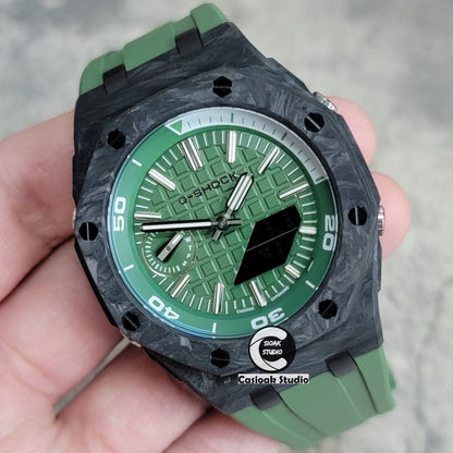 Casioak Mod Watch NEW Carbon Fiber Offshore Superior Black Case Green Strap Green Silver Time Mark Green Dial 44mm- Casioak Mod Casio G-Shock Royal Oak Custom Mens Luxury Watches Ga2100