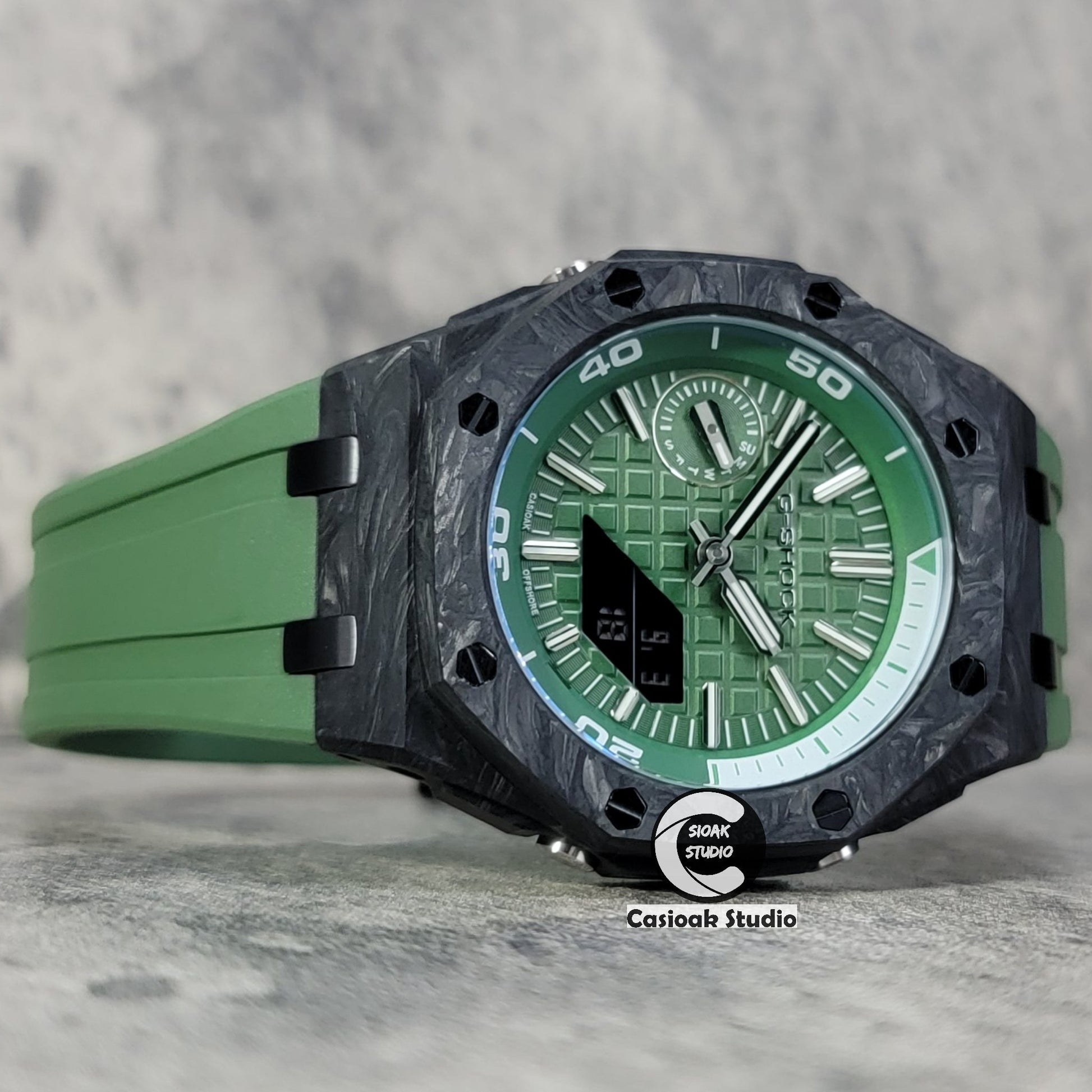 Casioak Mod Watch NEW Carbon Fiber Offshore Superior Black Case Green Strap Green Silver Time Mark Green Dial 44mm- Casioak Mod Casio G-Shock Royal Oak Custom Mens Luxury Watches Ga2100