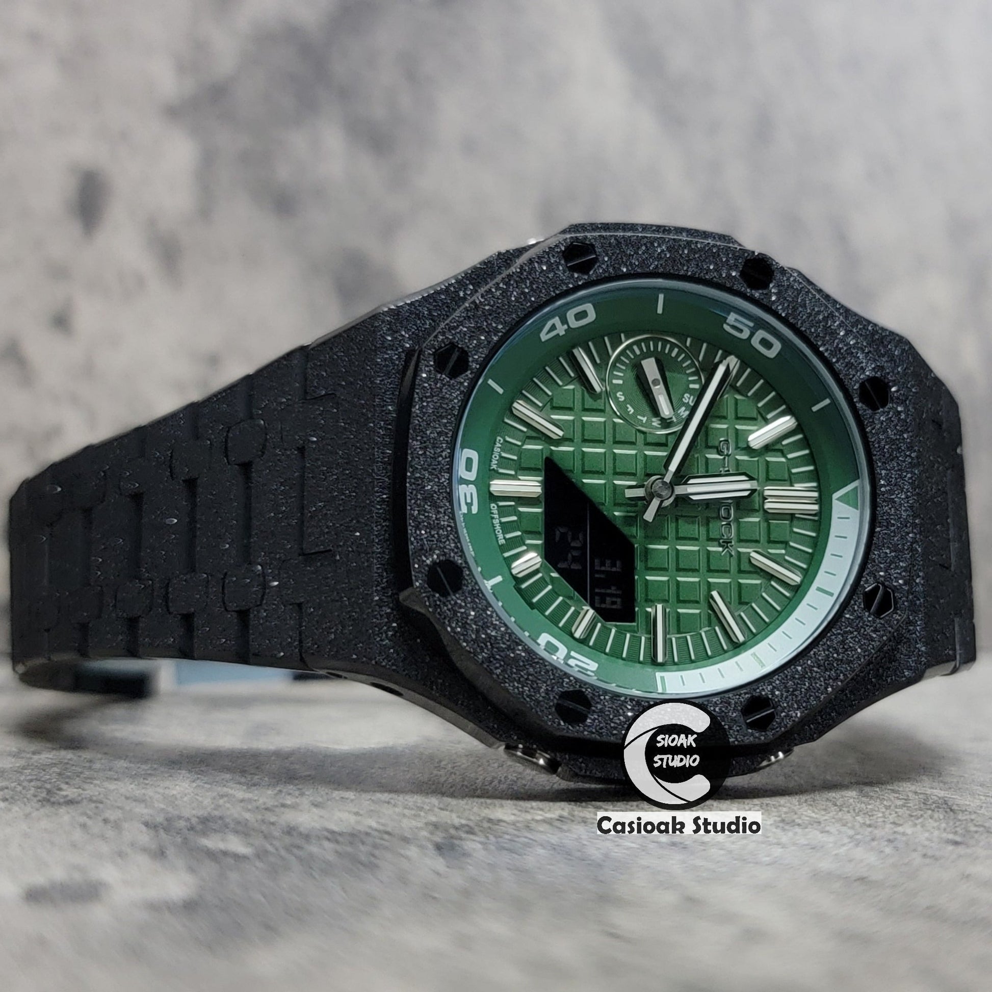 Casioak Mod Watch NEW Frosted Black Case Metal Strap Green Time Mark Green Waffle Dial 44mm Sapphire Glass- Casioak Mod Casio G-Shock Royal Oak Custom Mens Luxury Watches Ga2100