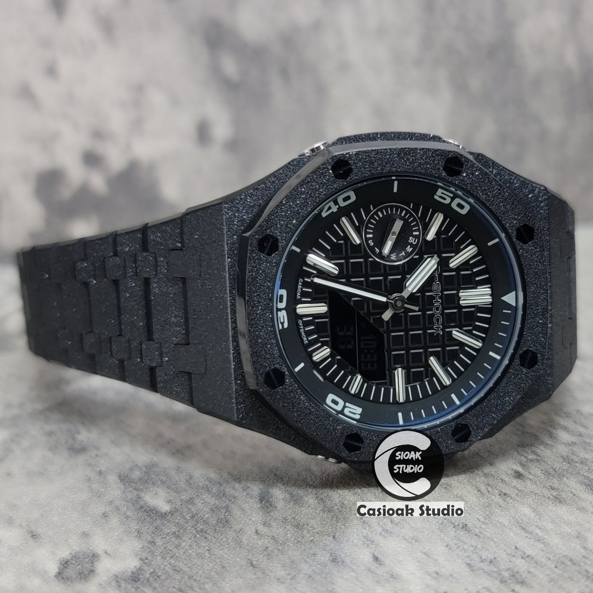 Casioak Mod Watch NEW Frosted Black Case Metal Strap Silver Time Mark White Dial 44mm Sapphire Glass- Casioak Mod Casio G-Shock Royal Oak Custom Mens Luxury Watches Ga2100