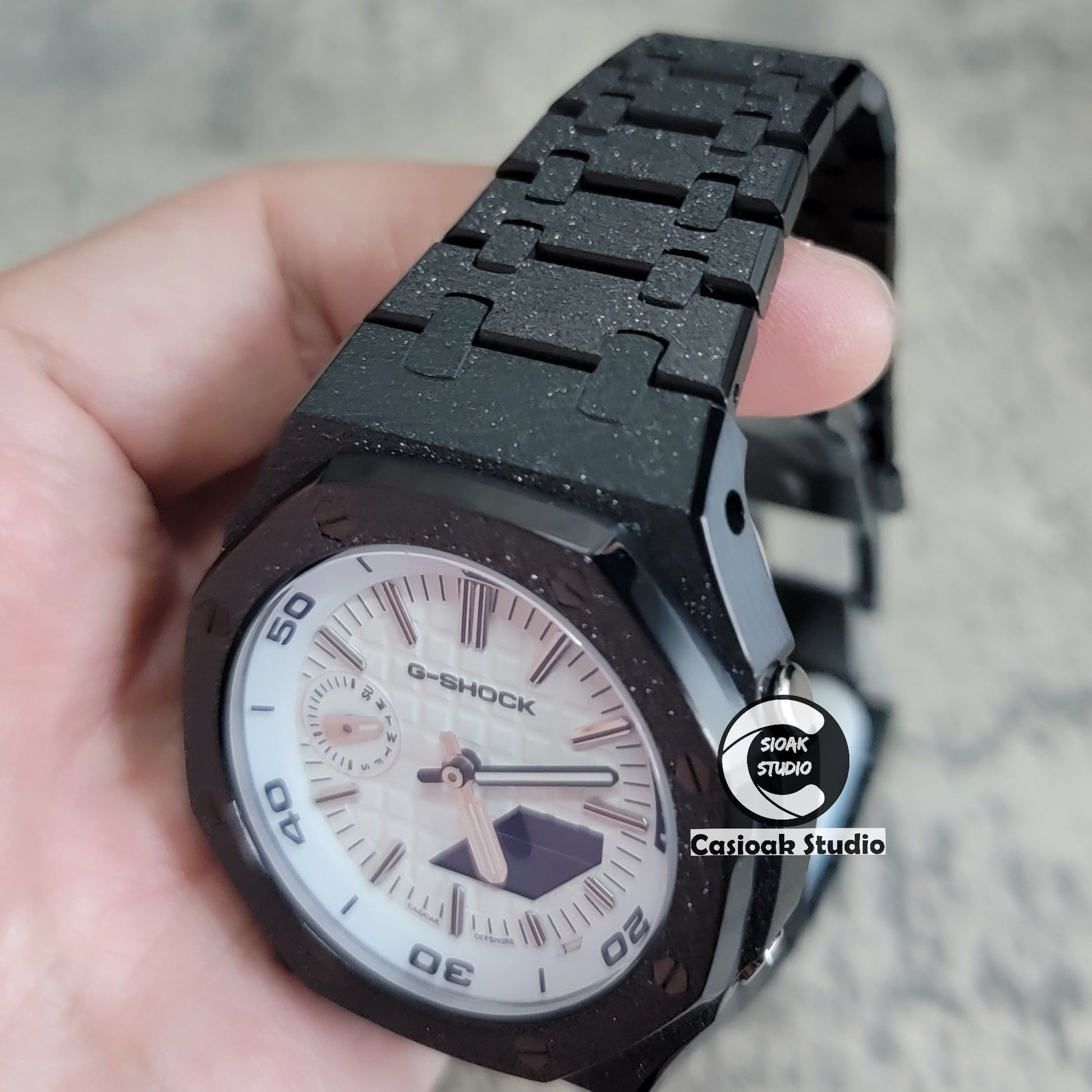 Casioak Mod Watch NEW Frosted Black Case Metal Strap Silver Time Mark White Dial 44mm Sapphire Glass- Casioak Mod Casio G-Shock Royal Oak Custom Mens Luxury Watches Ga2100