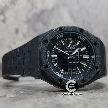 Casioak Mod Watch NEW Frosted Black Case Metal Strap Silver Time Mark White Dial 44mm Sapphire Glass- Casioak Mod Casio G-Shock Royal Oak Custom Mens Luxury Watches Ga2100