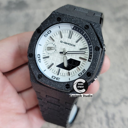 Casioak Mod Watch NEW Frosted Black Case Metal Strap Silver Time Mark White Dial 44mm Sapphire Glass- Casioak Mod Casio G-Shock Royal Oak Custom Mens Luxury Watches Ga2100