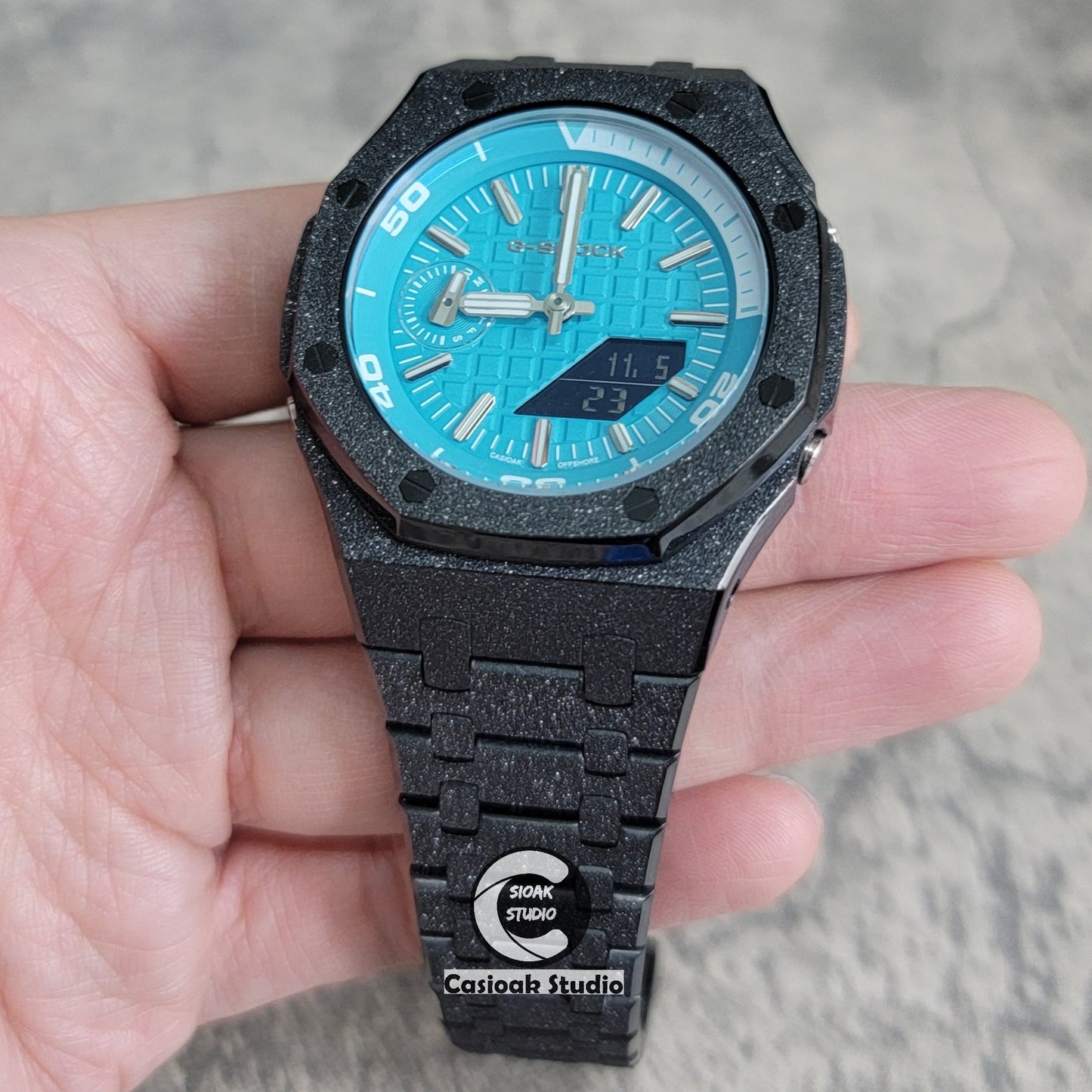 Casioak Mod Watch NEW Frosted Black Case Metal Strap Tiff Silver Time Mark Tiff Blue Dial 44mm Sapphire Glass- Casioak Mod Casio G-Shock Royal Oak Custom Mens Luxury Watches Ga2100