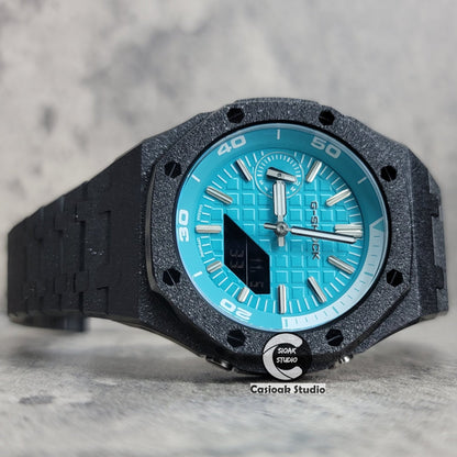 Casioak Mod Watch NEW Frosted Black Case Metal Strap Tiff Silver Time Mark Tiff Blue Dial 44mm Sapphire Glass- Casioak Mod Casio G-Shock Royal Oak Custom Mens Luxury Watches Ga2100