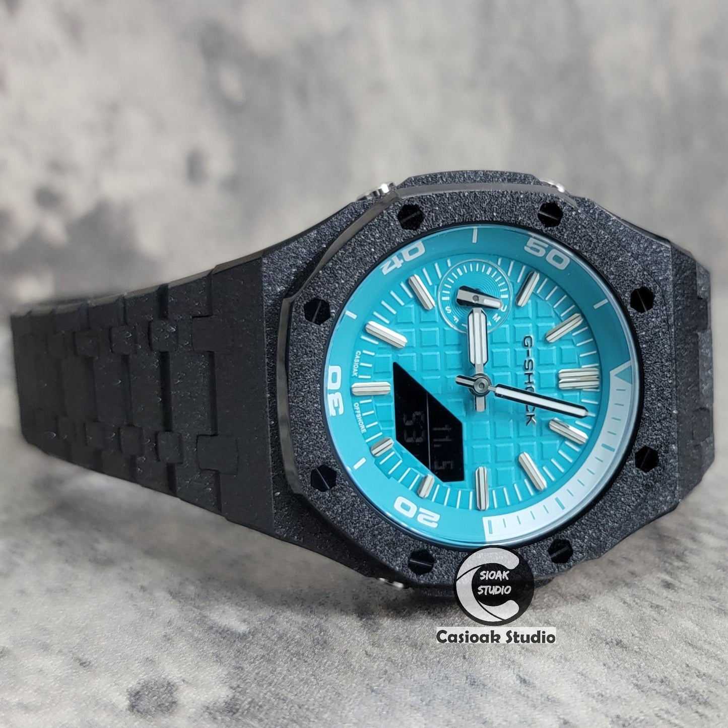 Casioak Mod Watch NEW Frosted Black Case Metal Strap Tiff Silver Time Mark Tiff Blue Dial 44mm Sapphire Glass- Casioak Mod Casio G-Shock Royal Oak Custom Mens Luxury Watches Ga2100