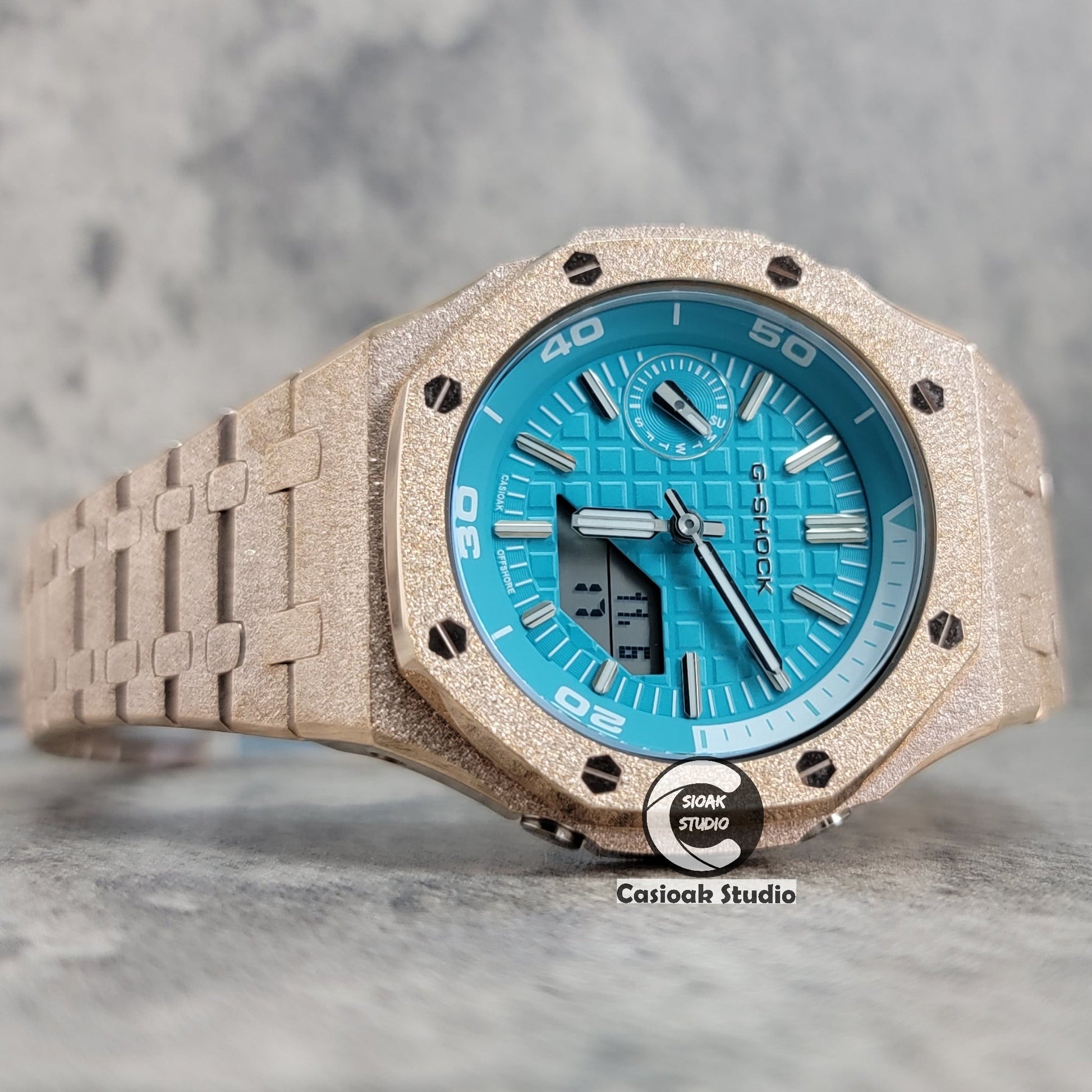 Casioak Mod Watch NEW Frosted Rose Gold Case Metal Strap Tiff Silver Time Mark Tiff Blue Dial 44mm Sapphire Glass- Casioak Mod Casio G-Shock Royal Oak Custom Mens Luxury Watches Ga2100