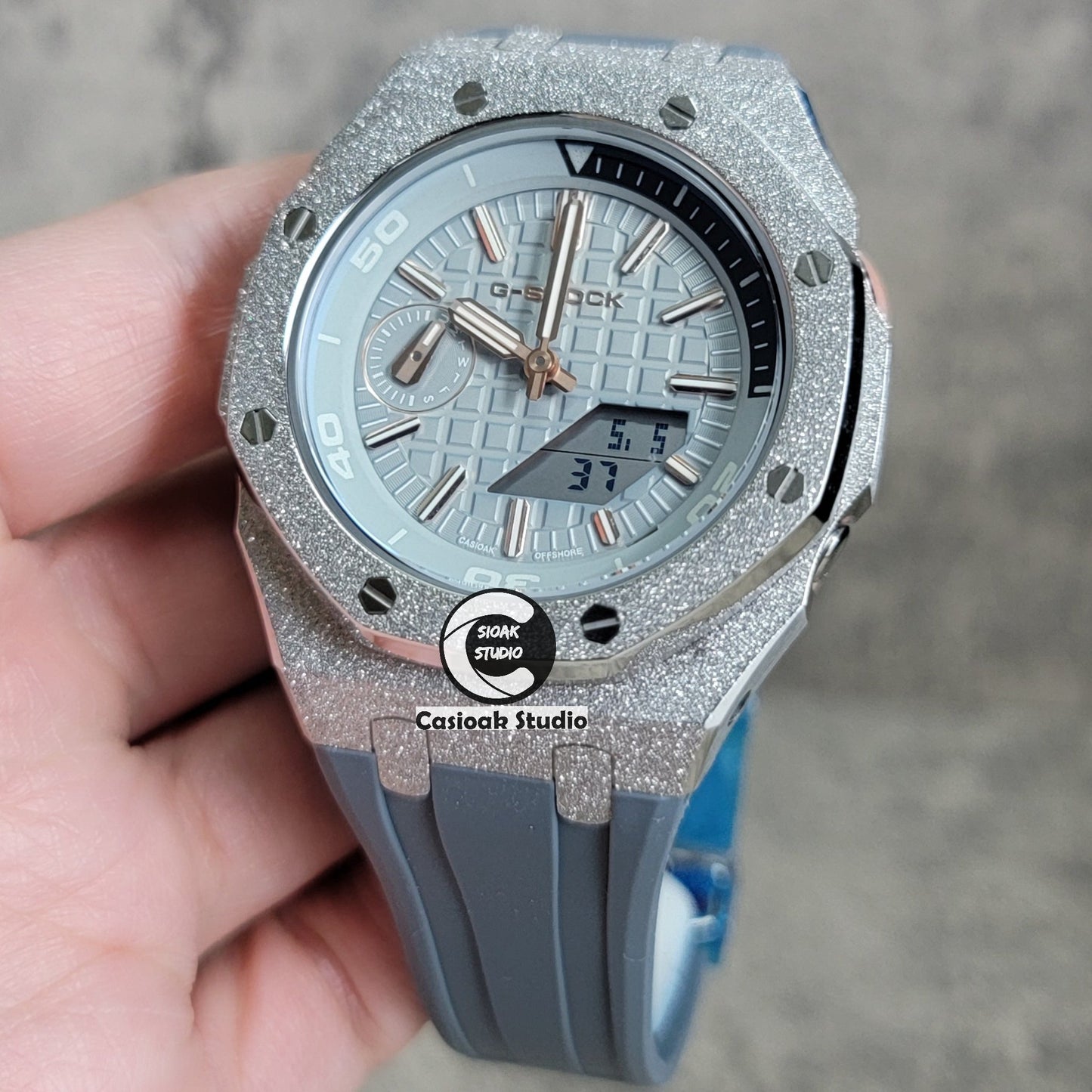 Casioak Mod Watch NEW Frosted Silver Case Gray Strap Gray Time Mark Gray Dial 44mm- Casioak Mod Casio G-Shock Royal Oak Custom Mens Luxury Watches Ga2100