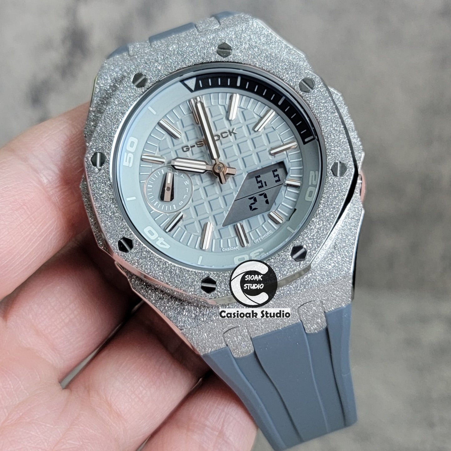 Casioak Mod Watch NEW Frosted Silver Case Gray Strap Gray Time Mark Gray Dial 44mm- Casioak Mod Casio G-Shock Royal Oak Custom Mens Luxury Watches Ga2100