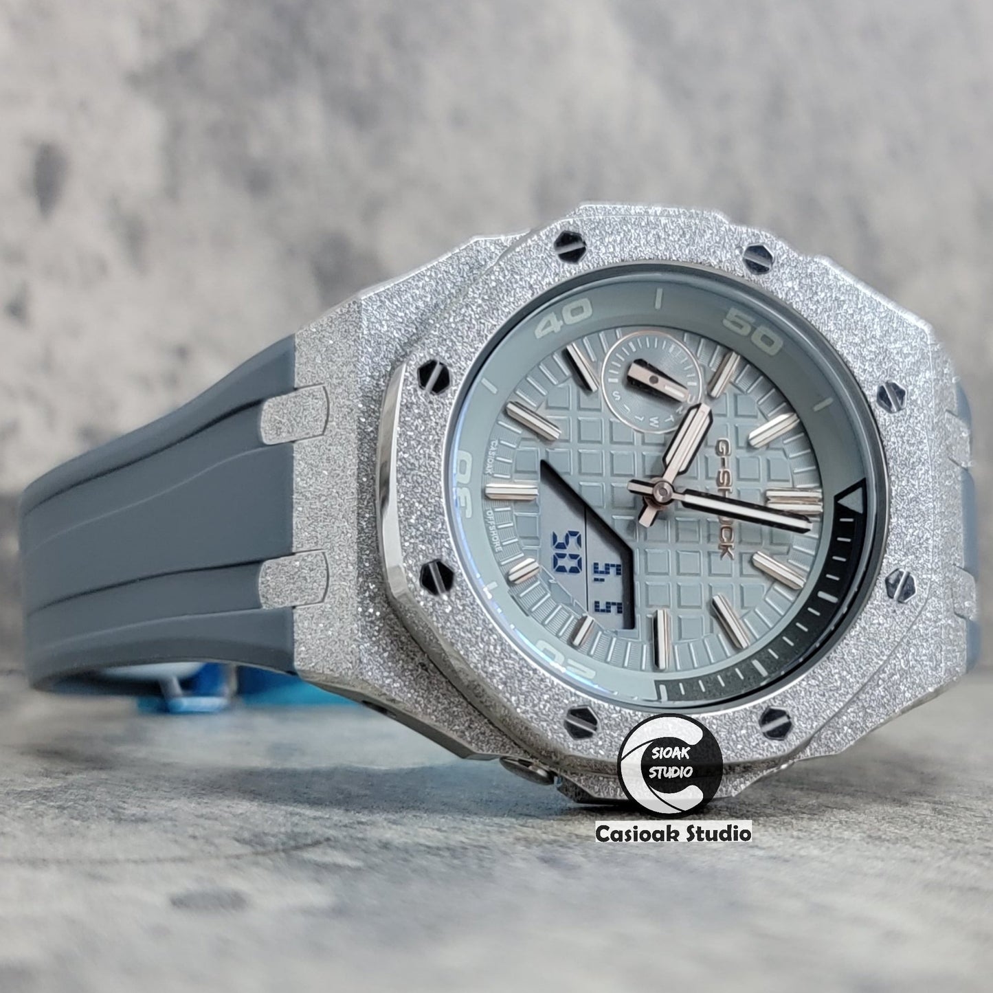 Casioak Mod Watch NEW Frosted Silver Case Gray Strap Gray Time Mark Gray Dial 44mm- Casioak Mod Casio G-Shock Royal Oak Custom Mens Luxury Watches Ga2100