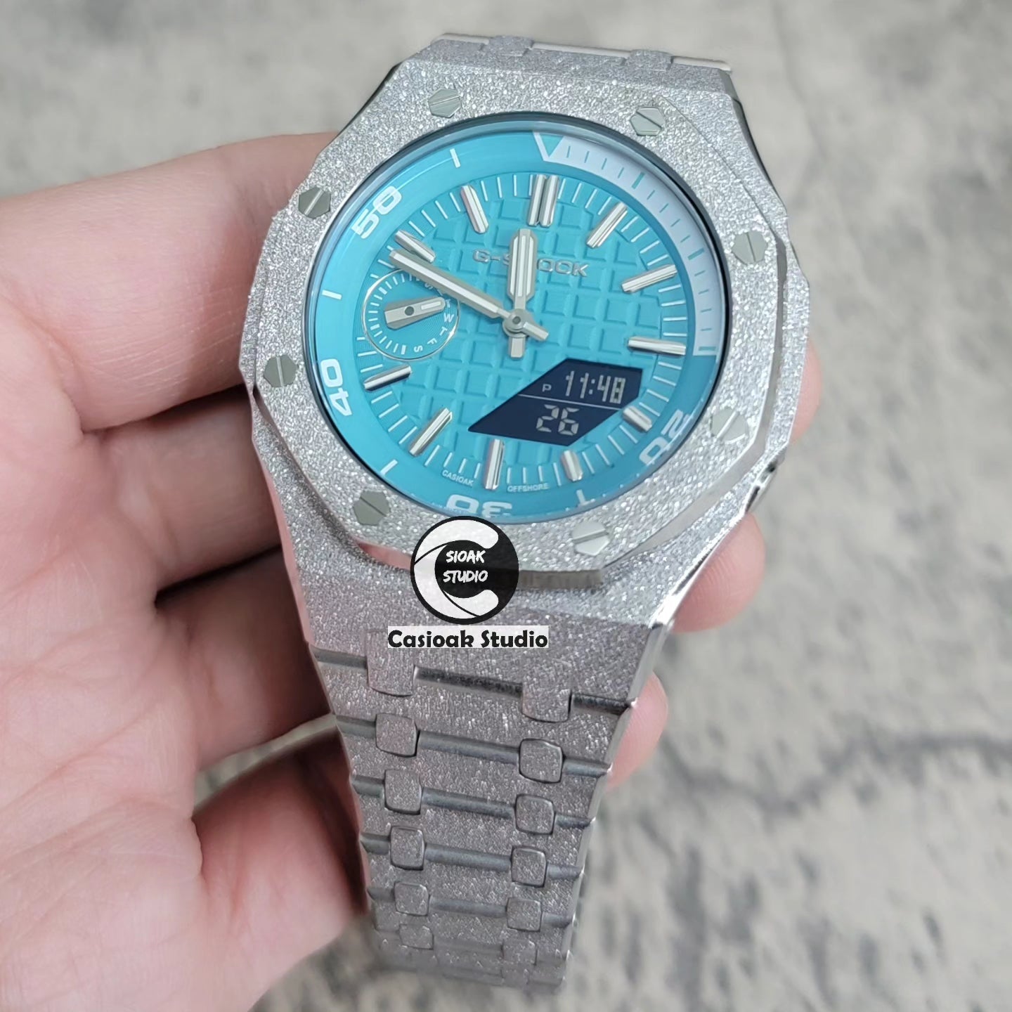 Casioak Mod Watch NEW Frosted Silver Case Metal Strap Tiff Silver Time Mark Tiff Blue Dial 44mm Sapphire Glass- Casioak Mod Casio G-Shock Royal Oak Custom Mens Luxury Watches Ga2100