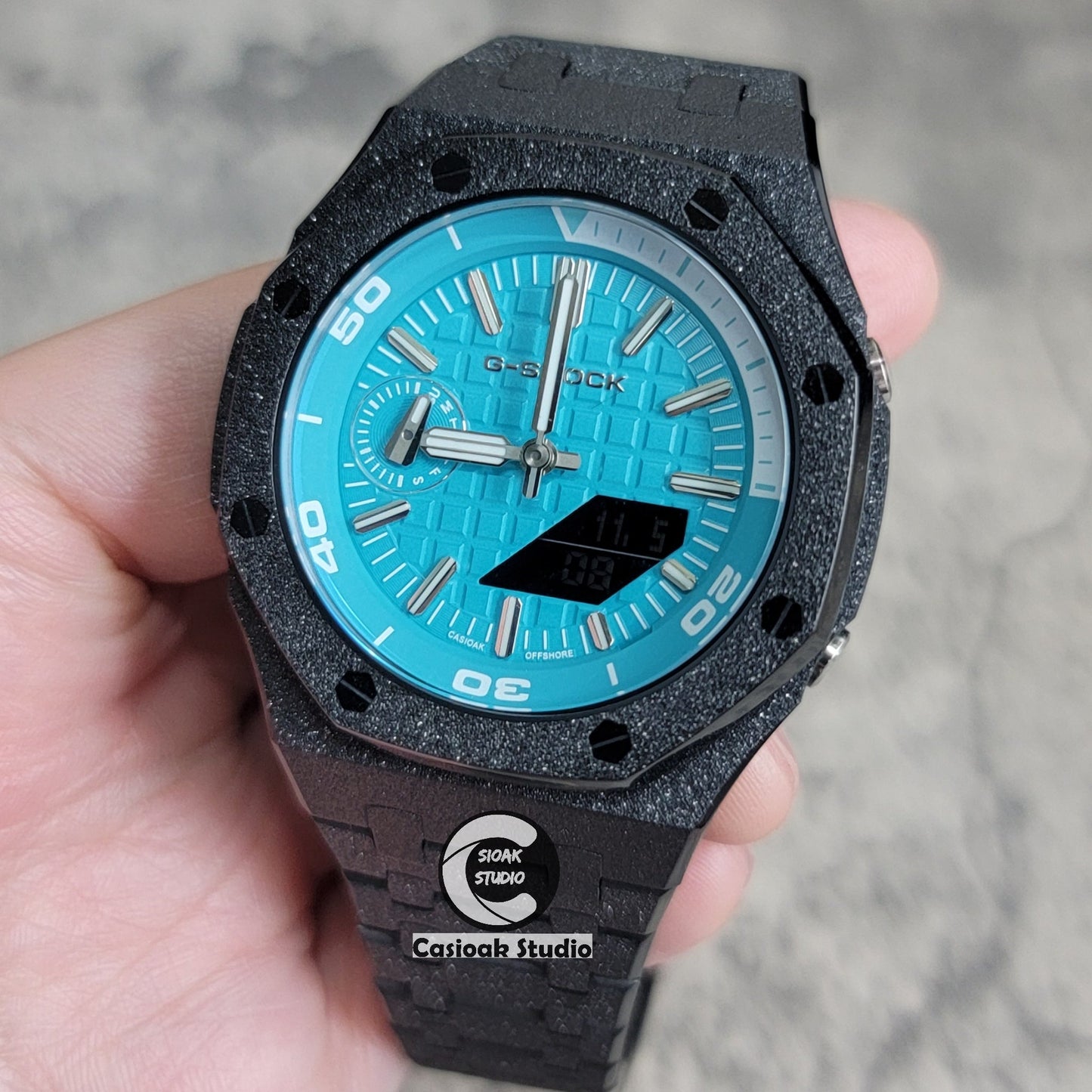 Casioak Mod Watch NEW Frosted Silver Case Metal Strap Tiff Silver Time Mark Tiff Blue Dial 44mm Sapphire Glass- Casioak Mod Casio G-Shock Royal Oak Custom Mens Luxury Watches Ga2100